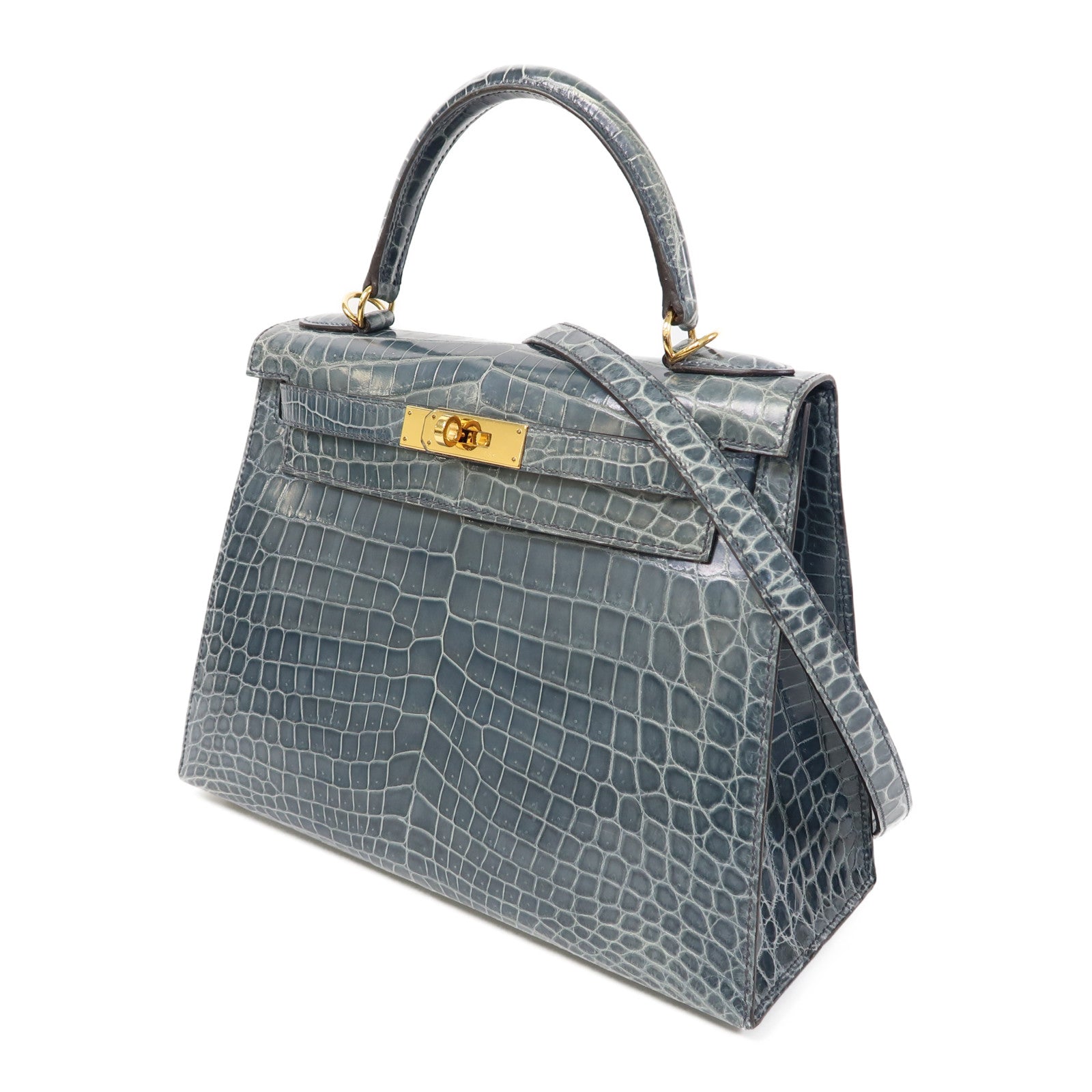 HERMES 鱷魚皮革Kelly 28金扣手挽肩背兩用袋風暴藍色