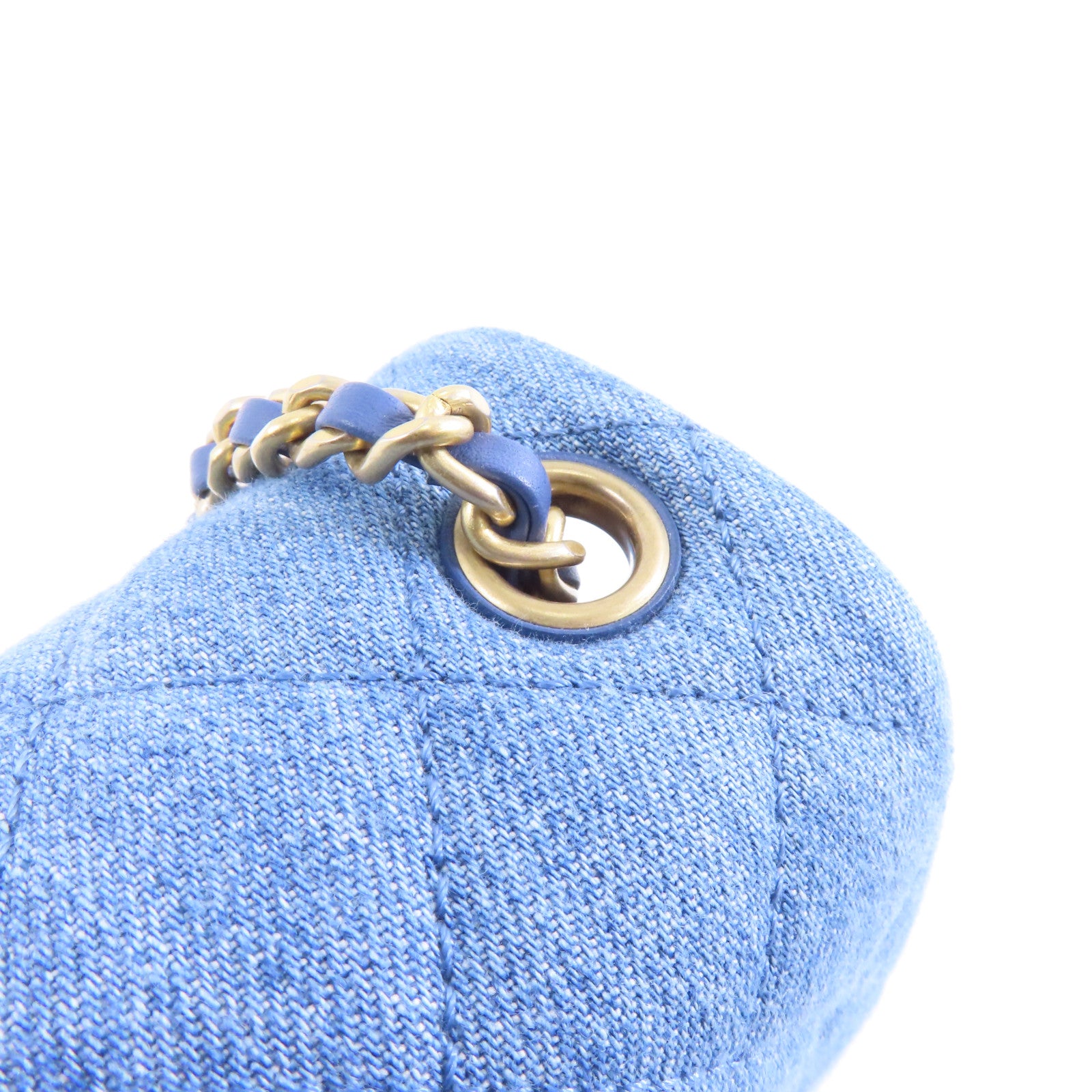 CHANEL 菱格牛仔布Shoulder Bag金扣鏈帶肩背袋藍色
