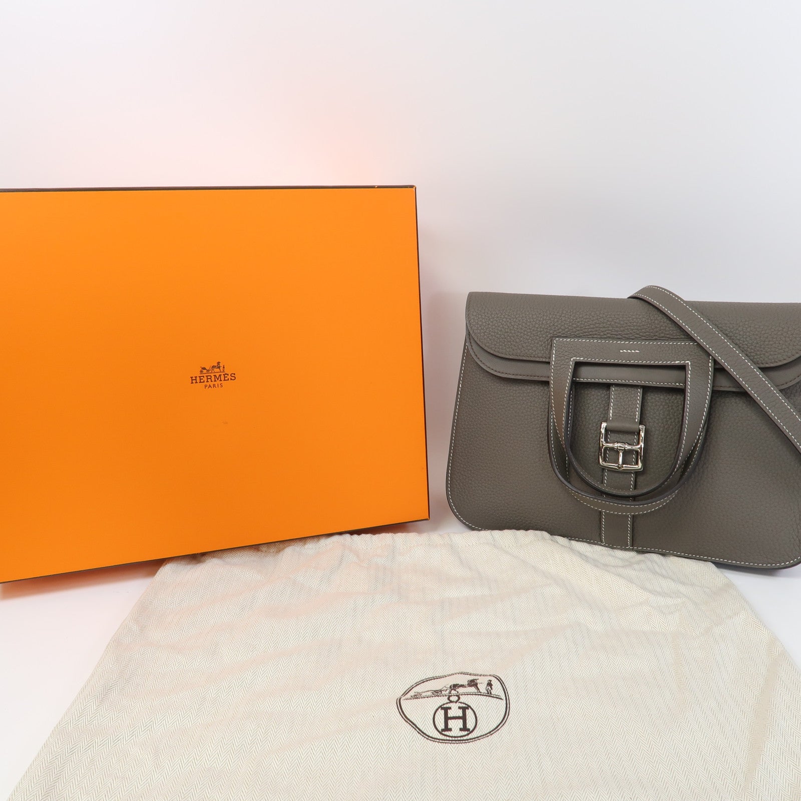 HERMES Clemence皮革Halzan 31銀扣手挽肩背兩用袋錫器灰色