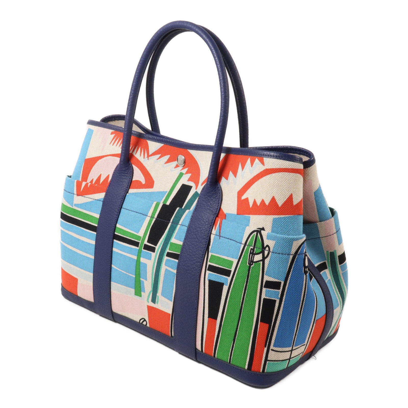 HERMES 帆布/Negonda皮革Garden Party Pocket手挽袋Bleu Electrique