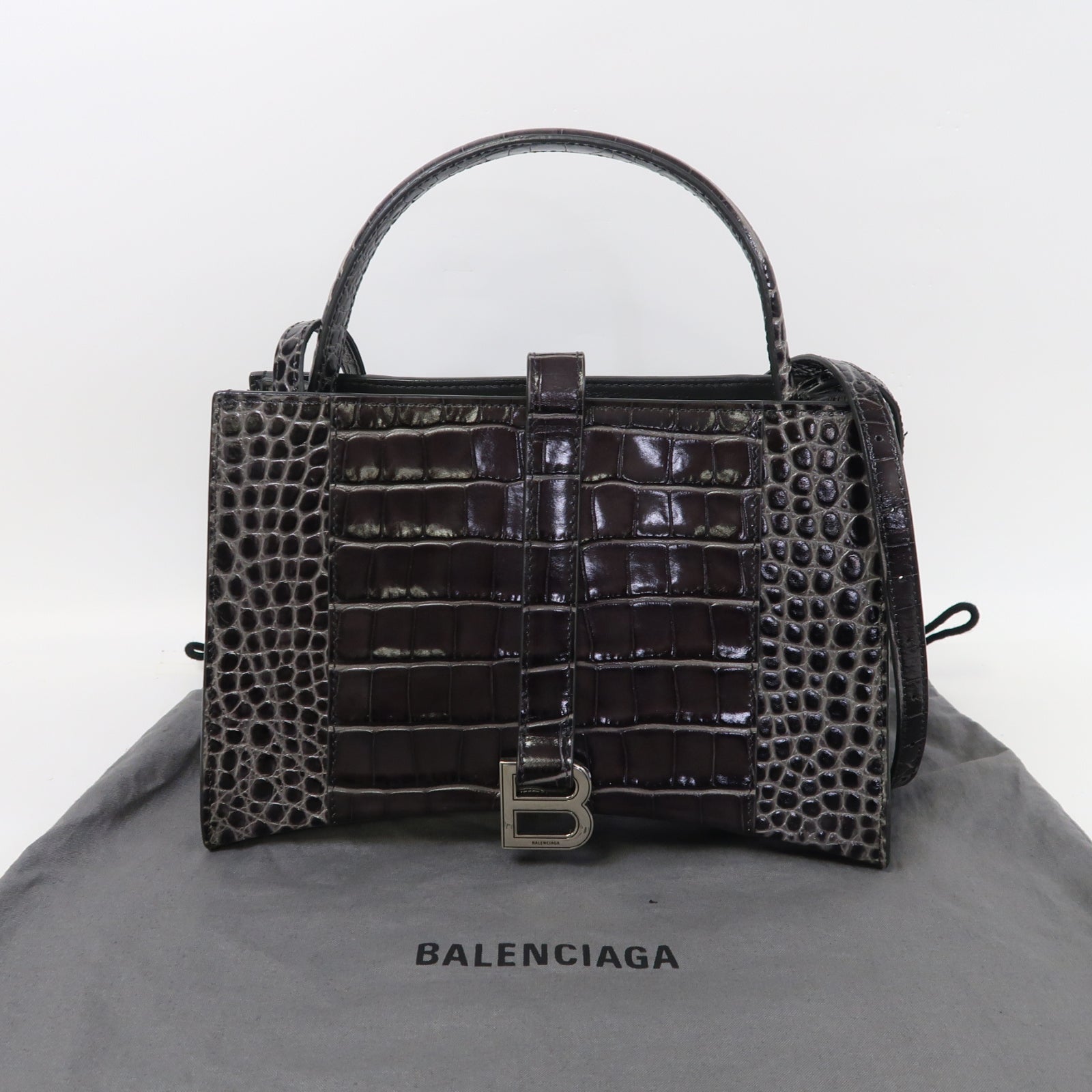 BALENCIAGA 牛皮皮革Hourglass Bag銀扣手挽肩背兩用袋灰色