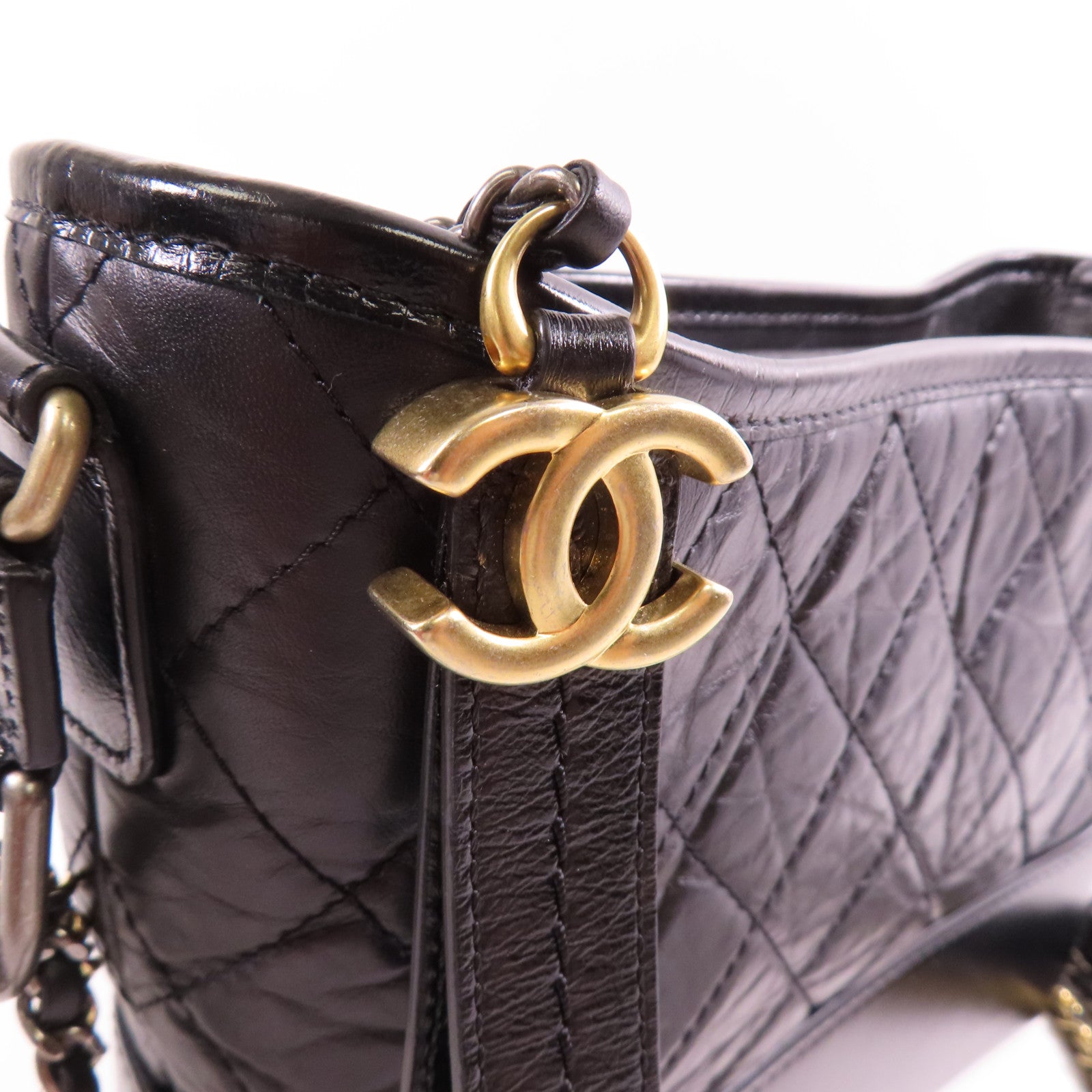 CHANEL CC GHW Garbrielle Medium Chain Shoulder Bag Calfskin Leather Black