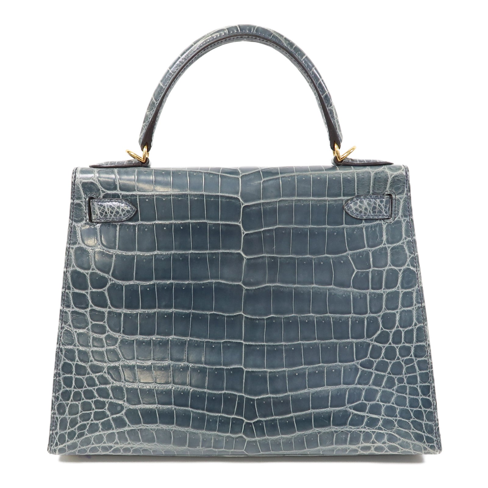 HERMES 鱷魚皮革Kelly 28金扣手挽肩背兩用袋風暴藍色