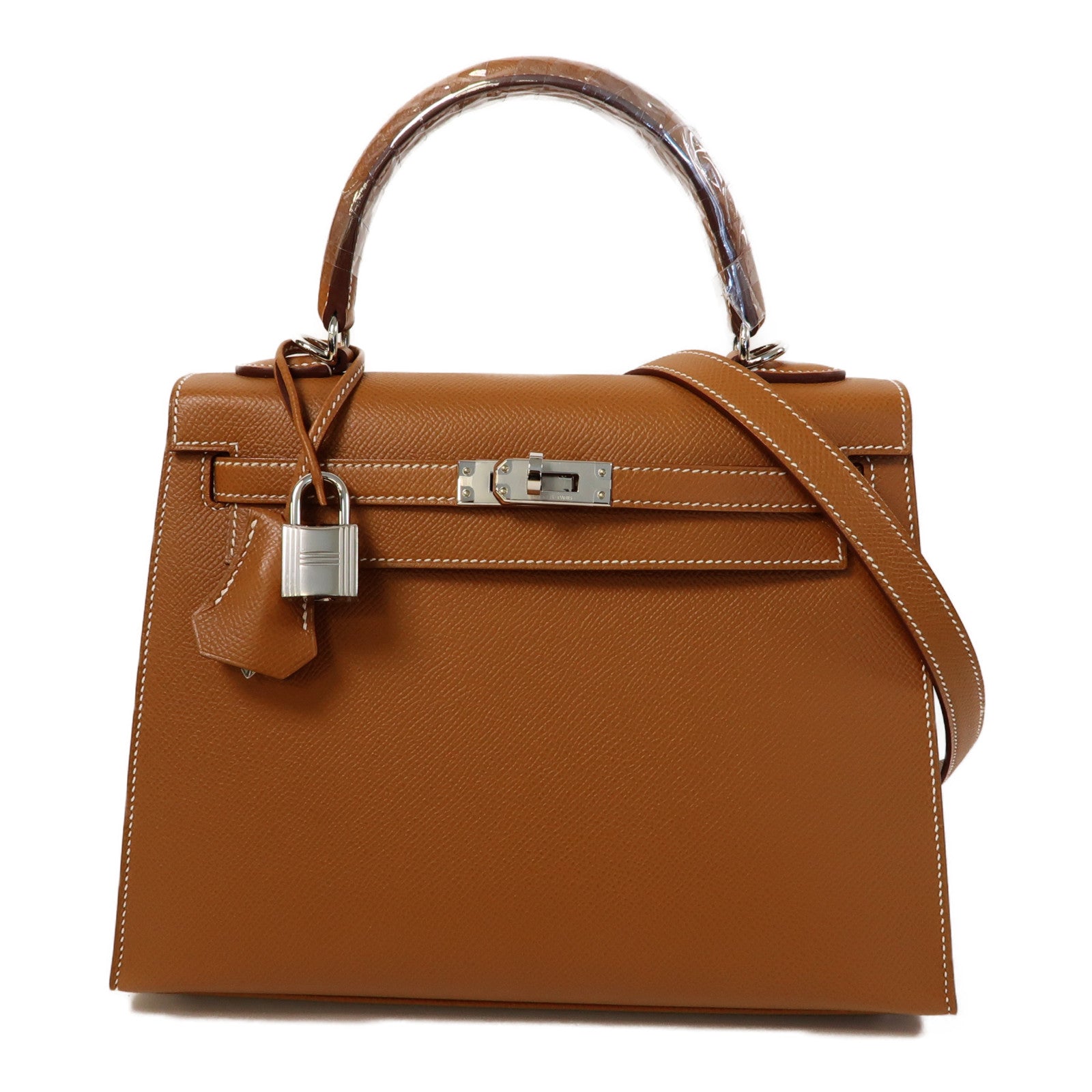 HERMES 【激減優惠】Epsom皮革Kelly 25銀扣手挽肩背兩用袋經典駝色