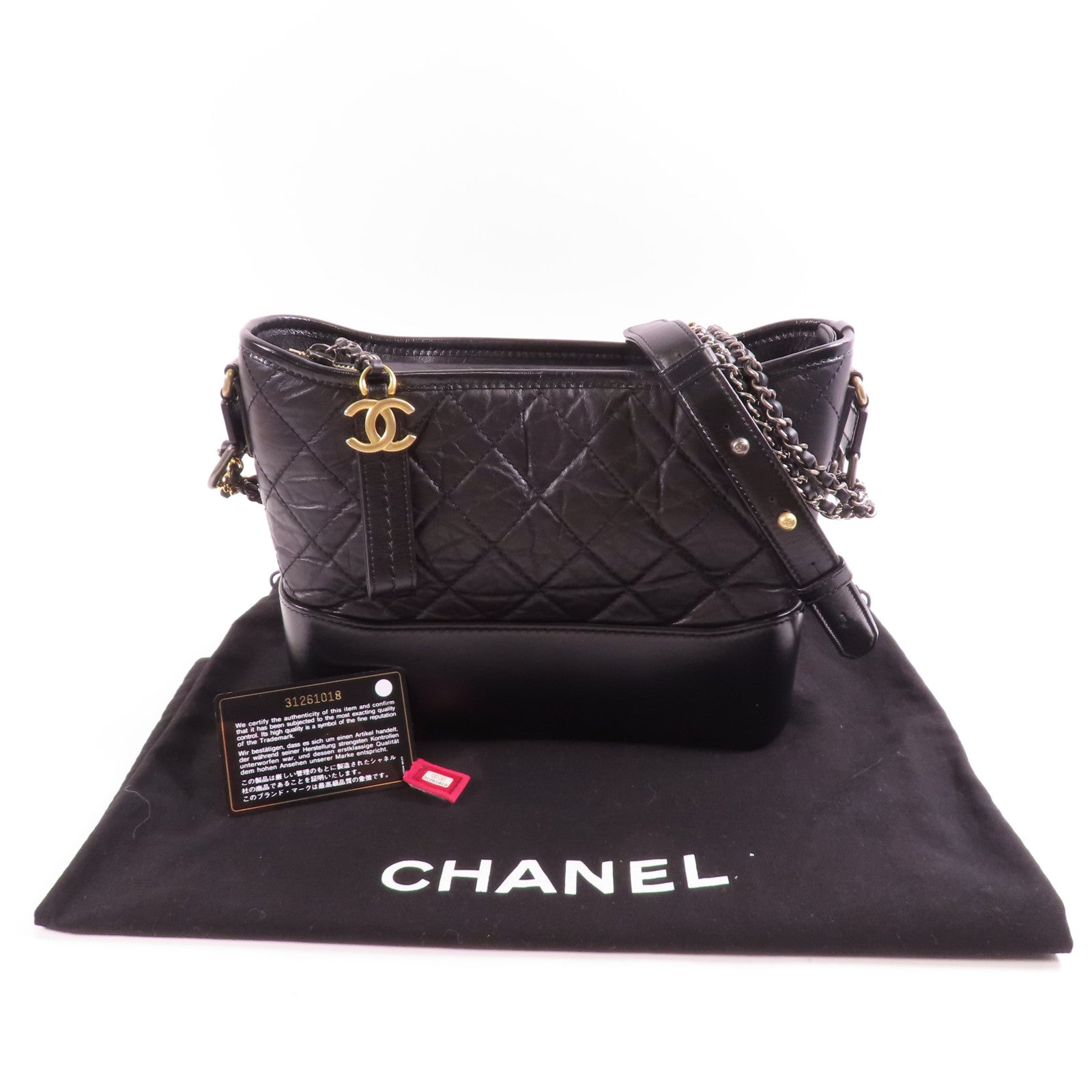 CHANEL CC GHW Garbrielle Medium Chain Shoulder Bag Calfskin Leather Black