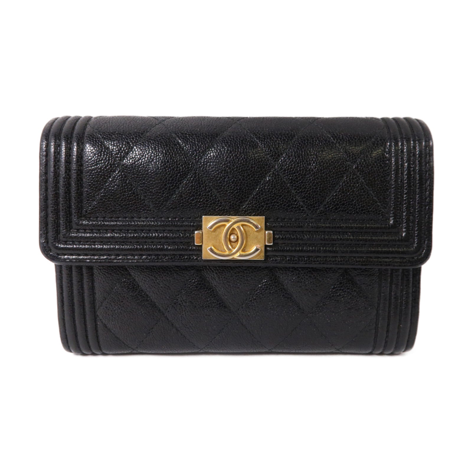 CHANEL 菱格Caviar皮革Wallet金扣折疊錢包黑色