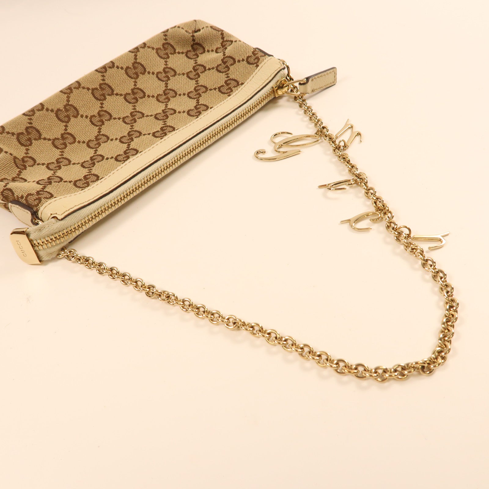 GUCCI 帆布Chain Shoulder金扣鏈帶肩背袋米色