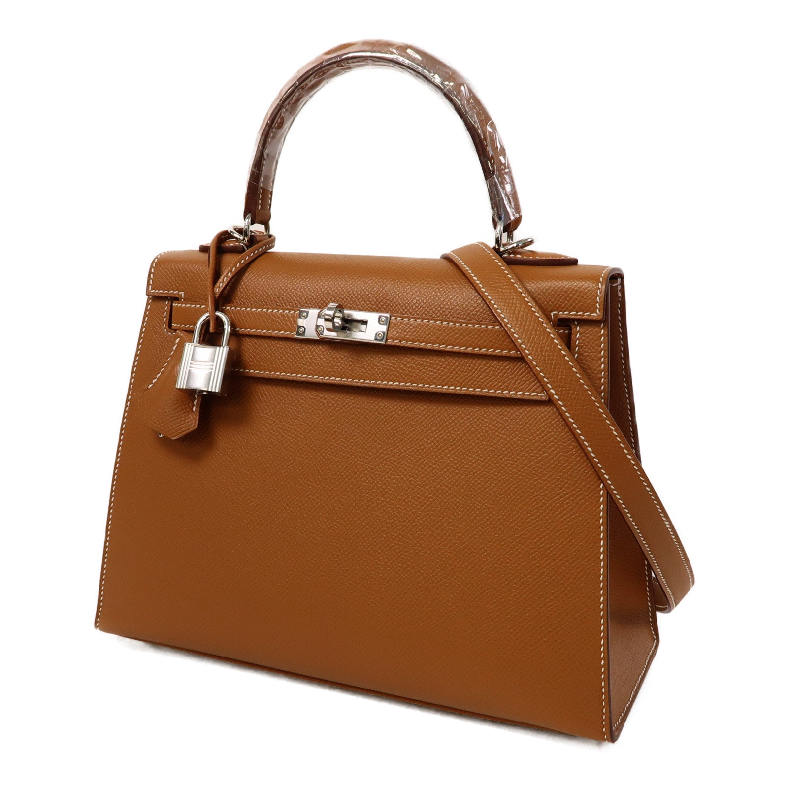 HERMES 【激減優惠】Epsom皮革Kelly 25銀扣手挽肩背兩用袋經典駝色