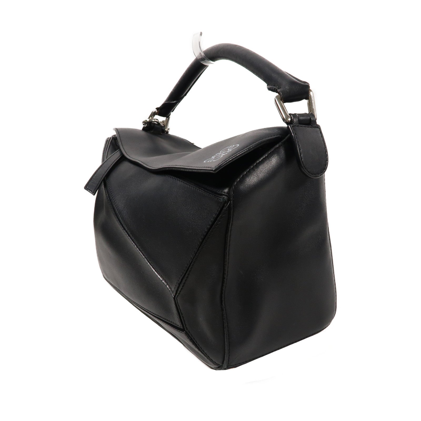 LOEWE 牛皮皮革Puzzle Medium銀扣手挽肩背兩用袋黑色