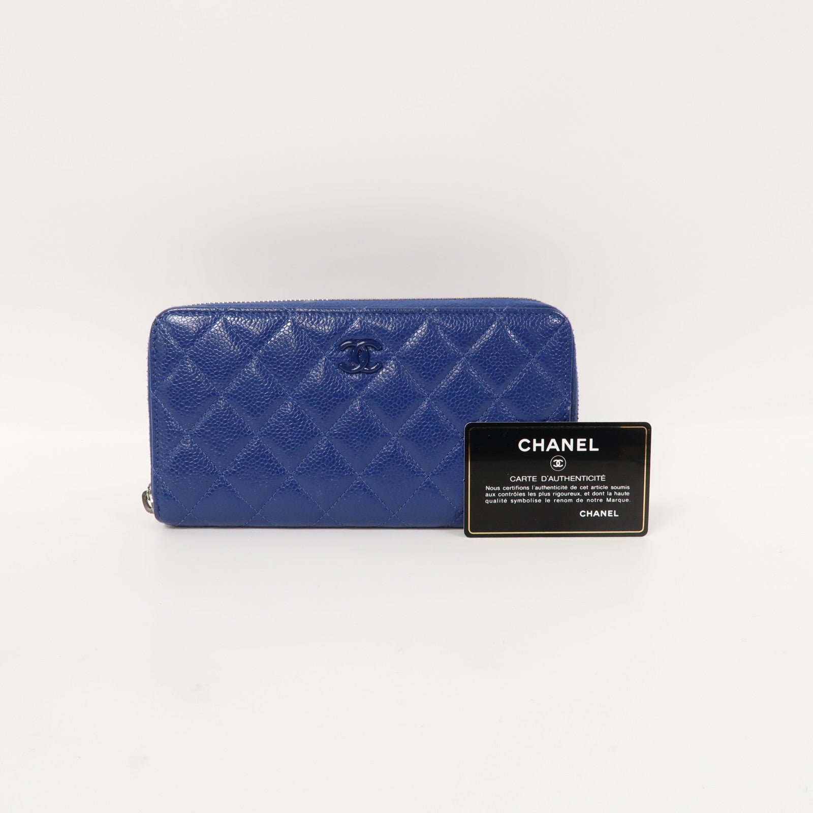 CHANEL 菱格牛皮皮革Long Wallet金扣長錢包藍色
