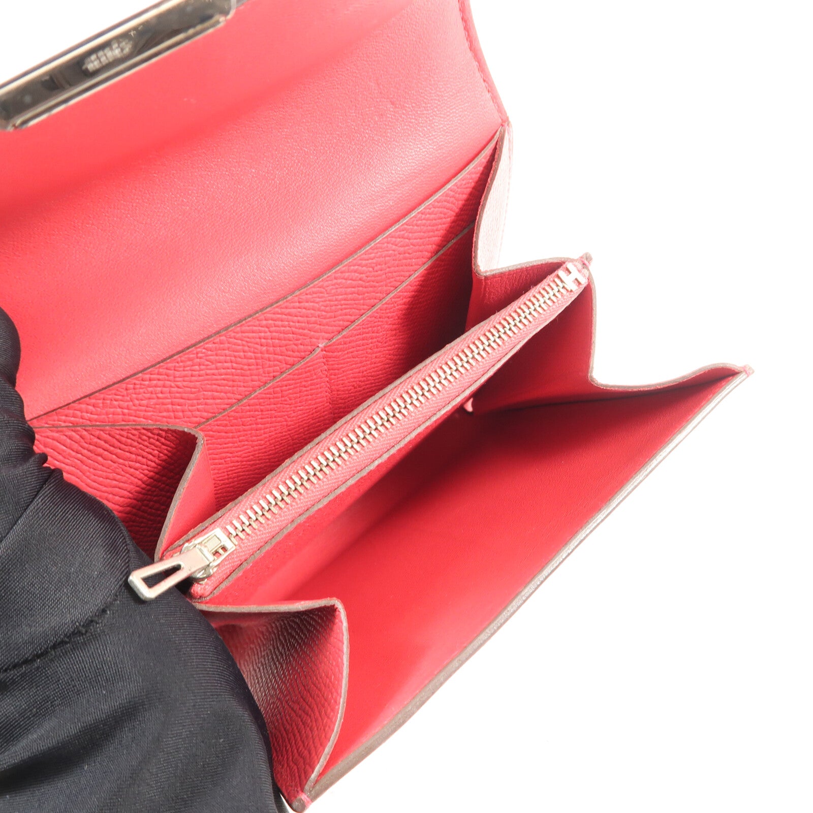 HERMES Epsom皮革Constance Short Wallet銀扣錢包Red