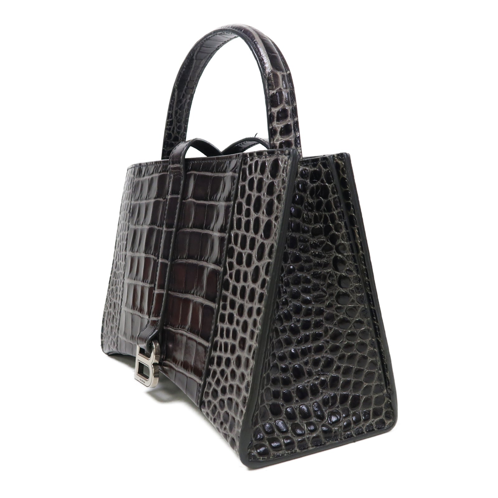 BALENCIAGA 牛皮皮革Hourglass Bag銀扣手挽肩背兩用袋灰色