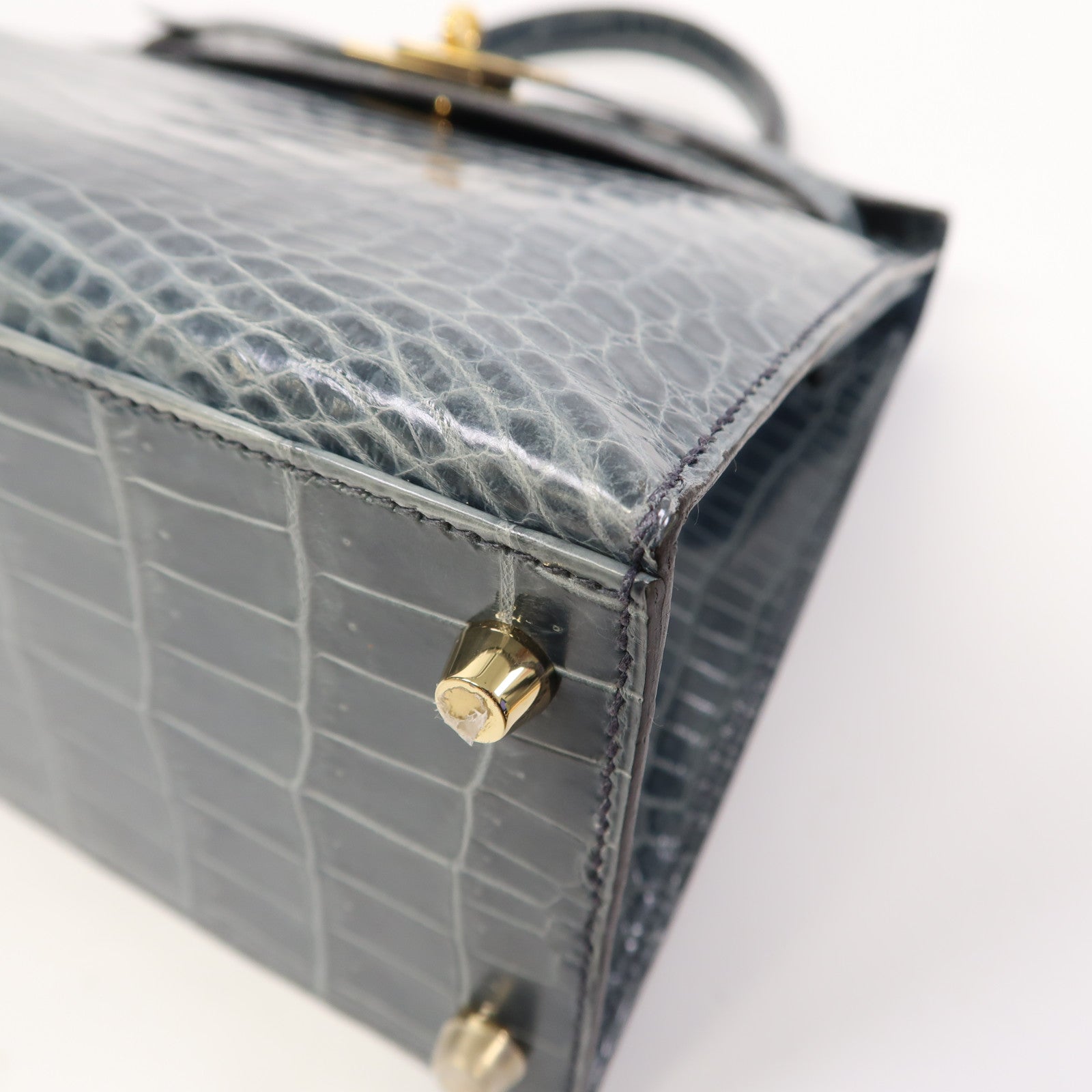HERMES 鱷魚皮革Kelly 28金扣手挽肩背兩用袋風暴藍色
