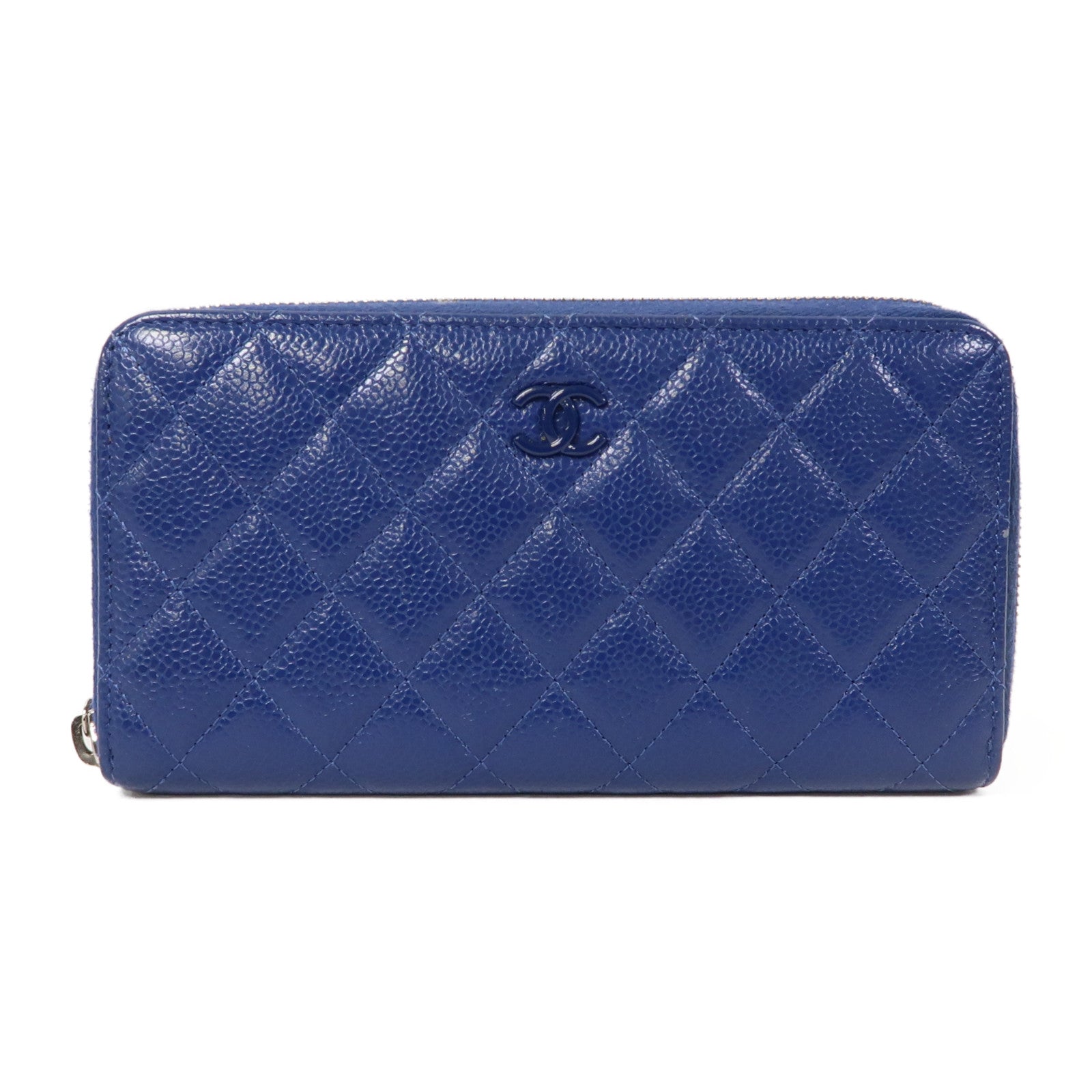CHANEL 菱格牛皮皮革Long Wallet金扣長錢包藍色