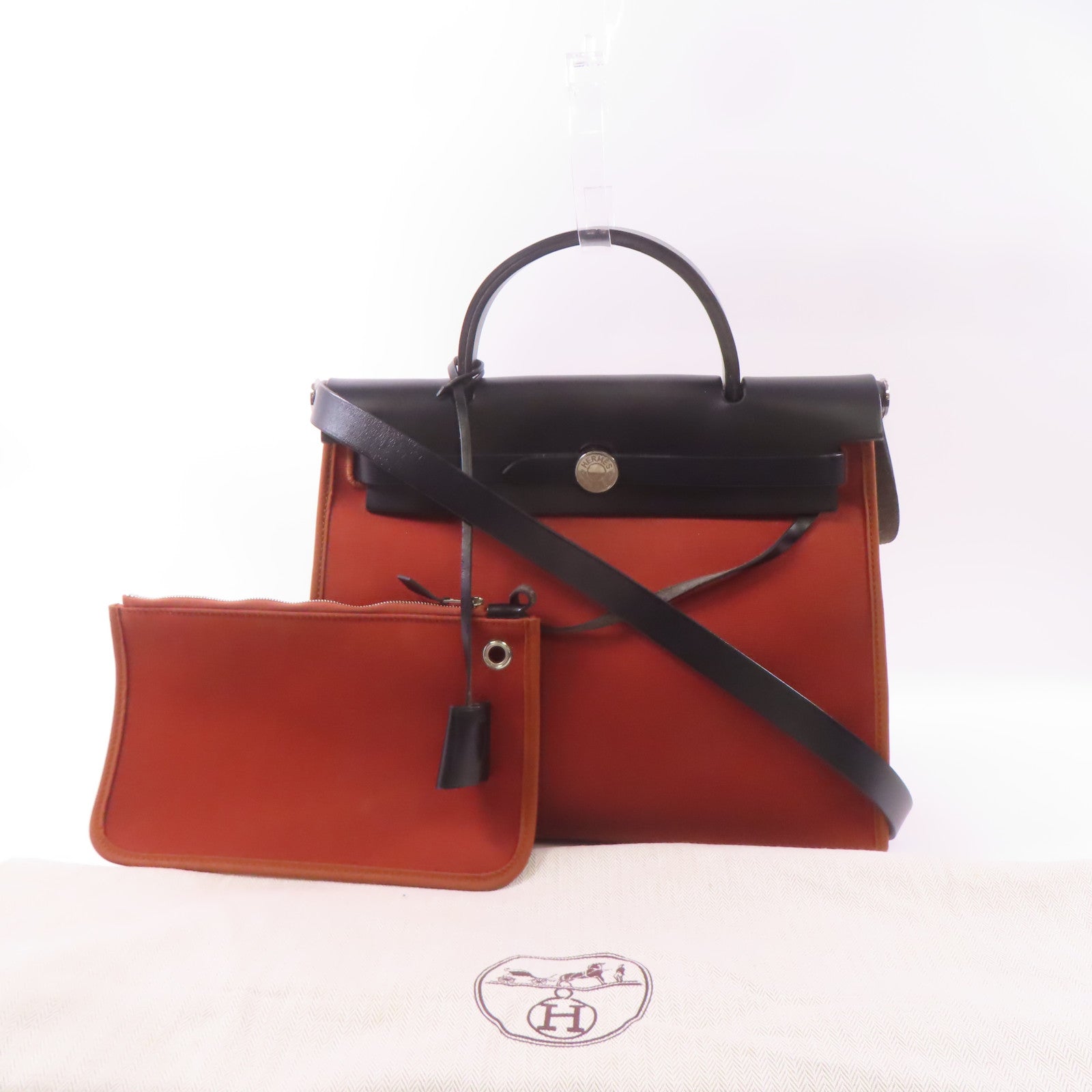 HERMES 帆布Herbag PM銀扣手挽肩背兩用袋Brique/橙色