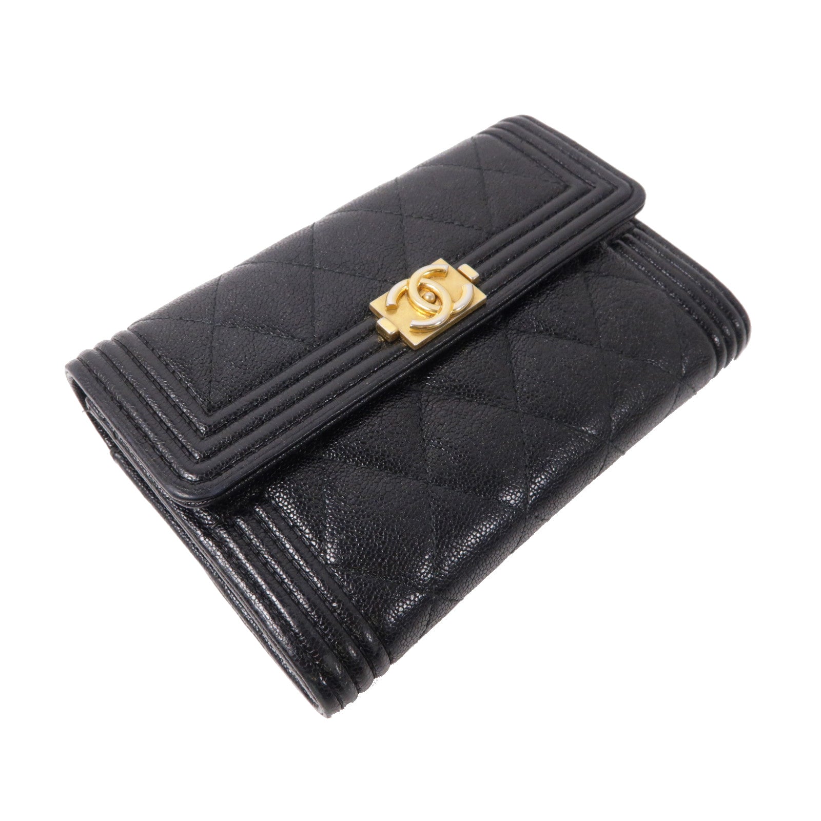 CHANEL 菱格Caviar皮革Wallet金扣折疊錢包黑色