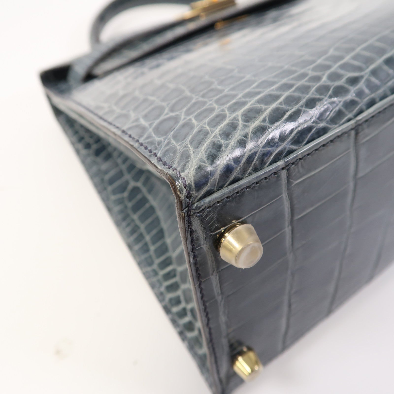 HERMES 鱷魚皮革Kelly 28金扣手挽肩背兩用袋風暴藍色