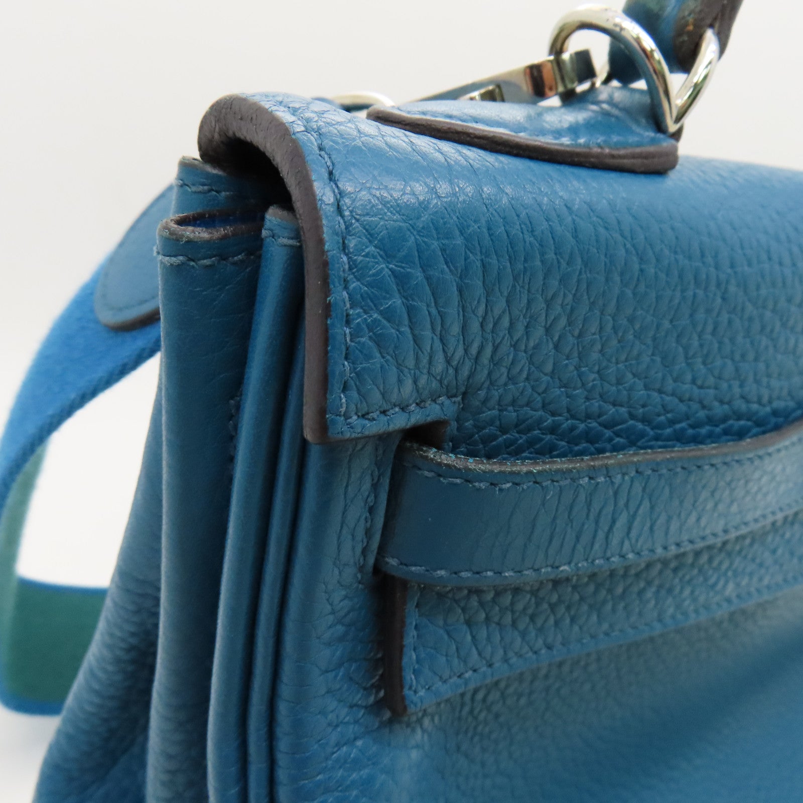 HERMES Clemence Leather Kelly32 Silver Buckle Handle Shoulder Backpack Bleu de Galice/Dark Blue