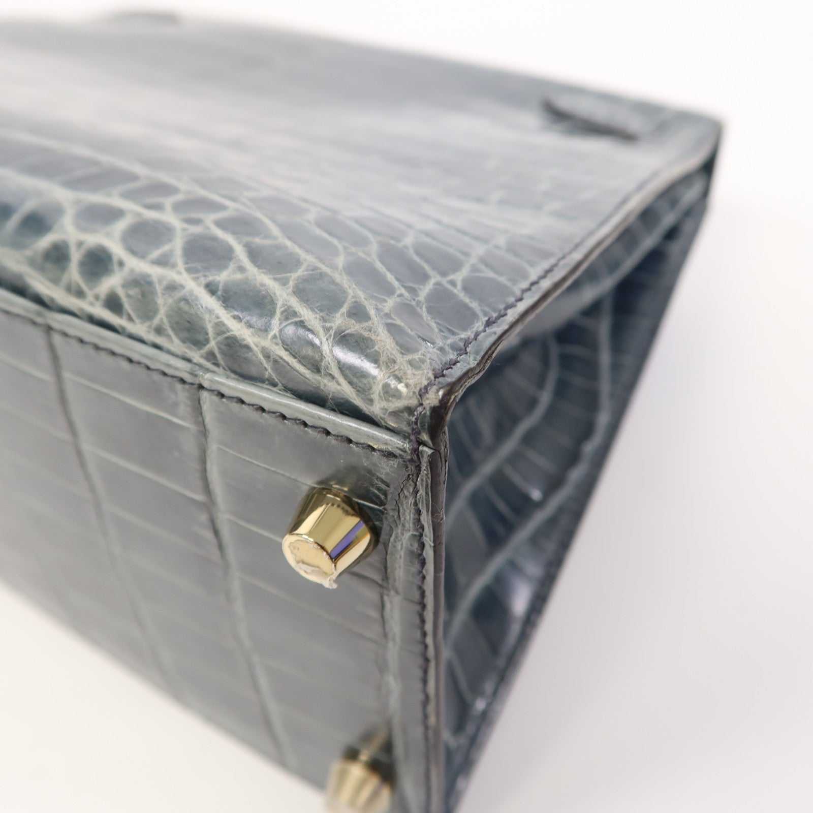 HERMES 鱷魚皮革Kelly 28金扣手挽肩背兩用袋風暴藍色