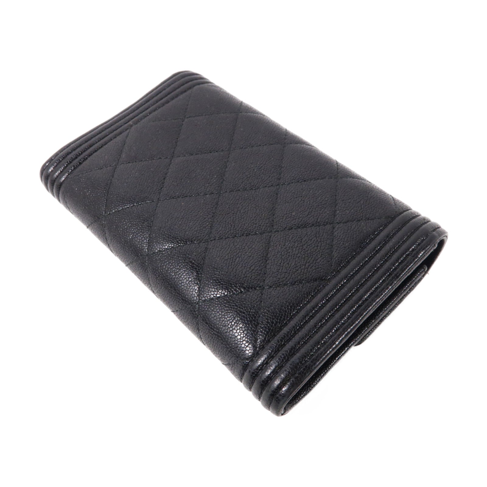 CHANEL 菱格Caviar皮革Wallet金扣折疊錢包黑色