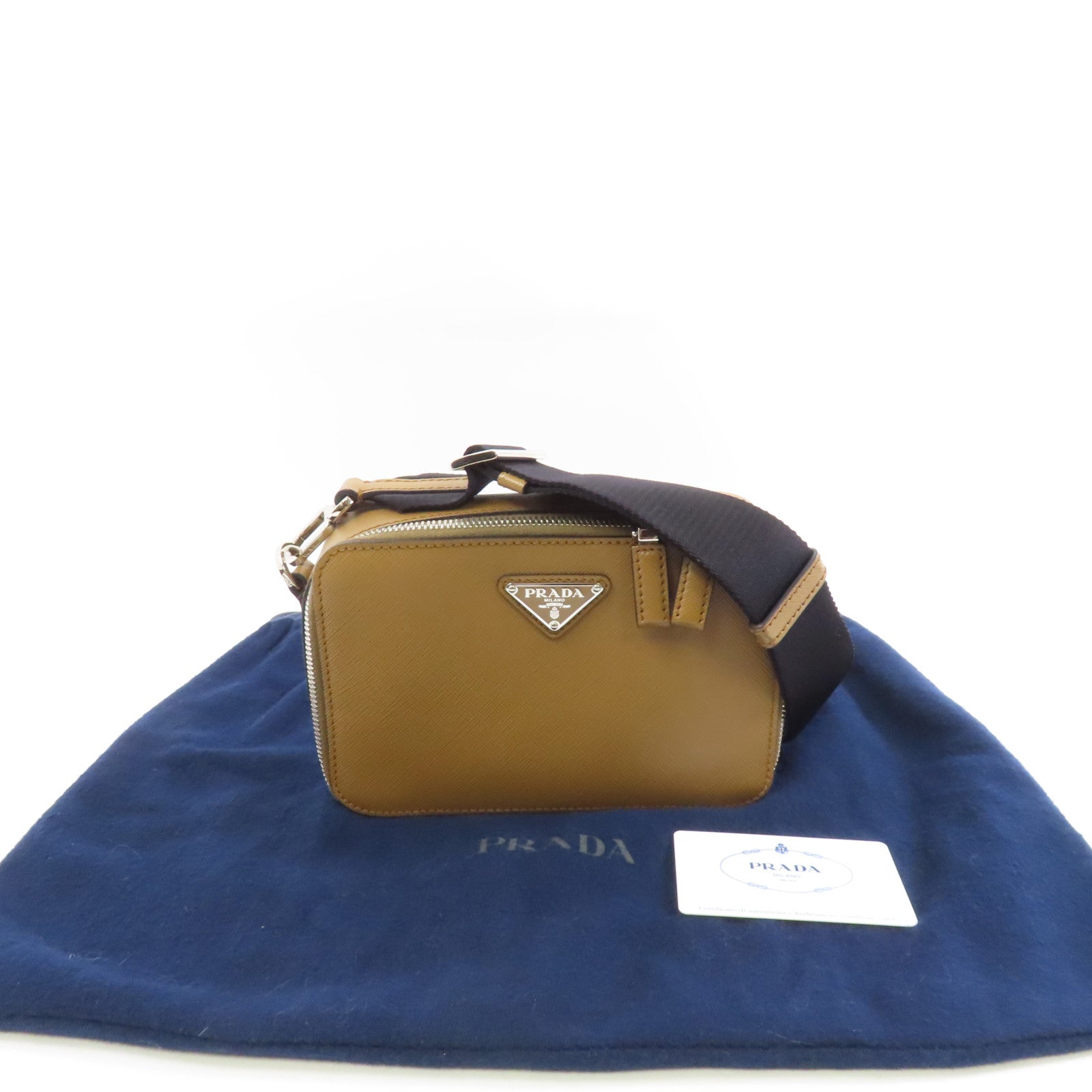 PRADA 牛皮皮革Shoulder Bag銀扣肩背袋啡色/黑色