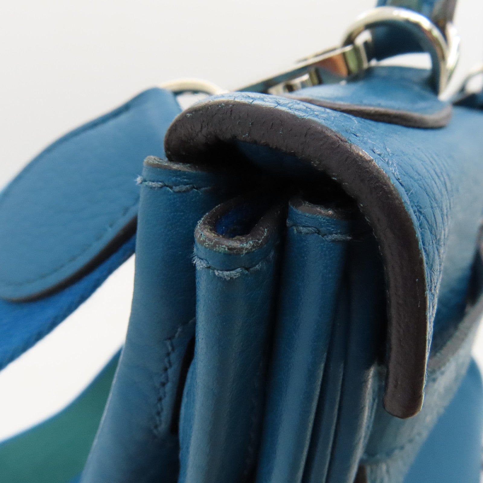 HERMES Clemence Leather Kelly32 Silver Buckle Handle Shoulder Backpack Bleu de Galice/Dark Blue