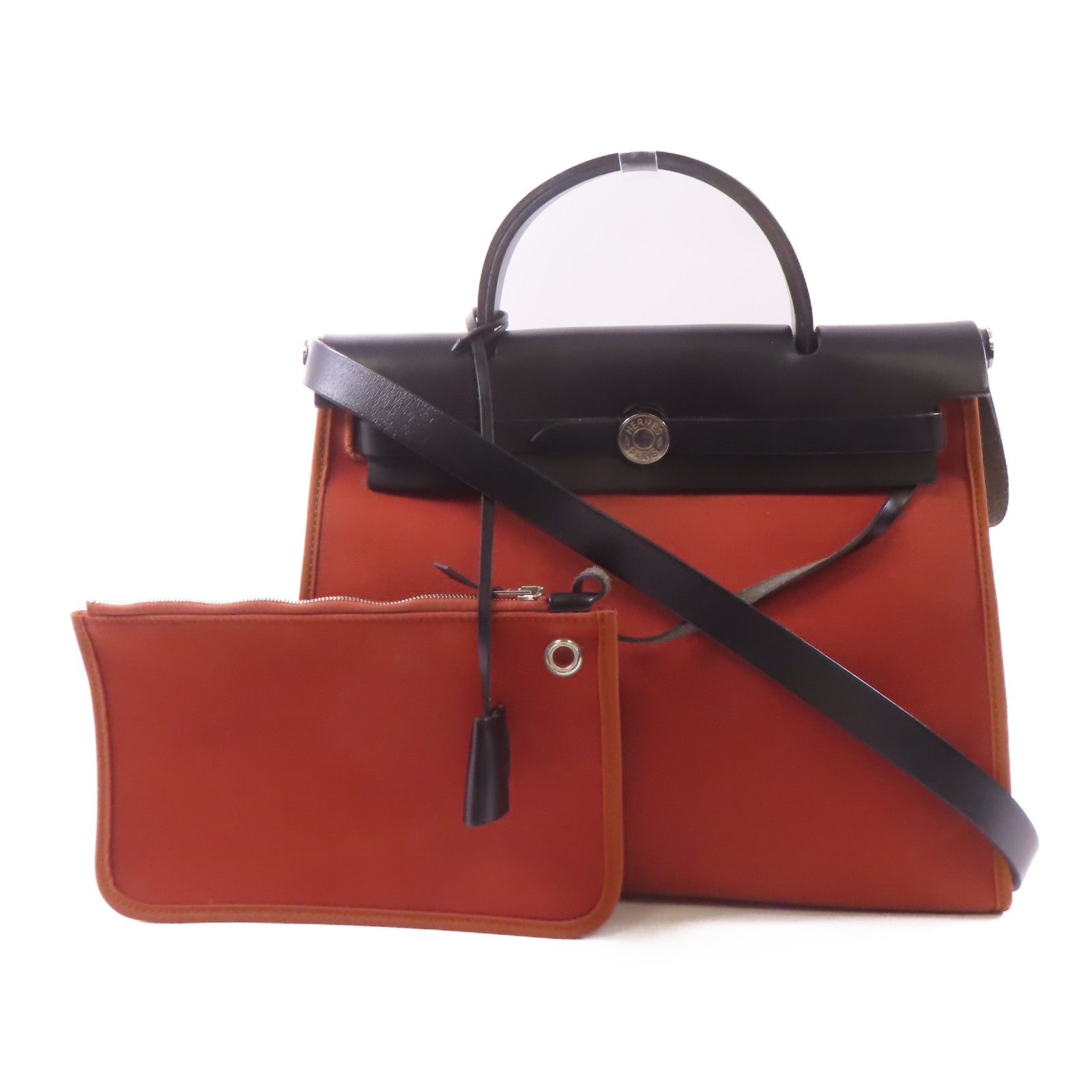 HERMES 帆布Herbag PM銀扣手挽肩背兩用袋Brique/橙色