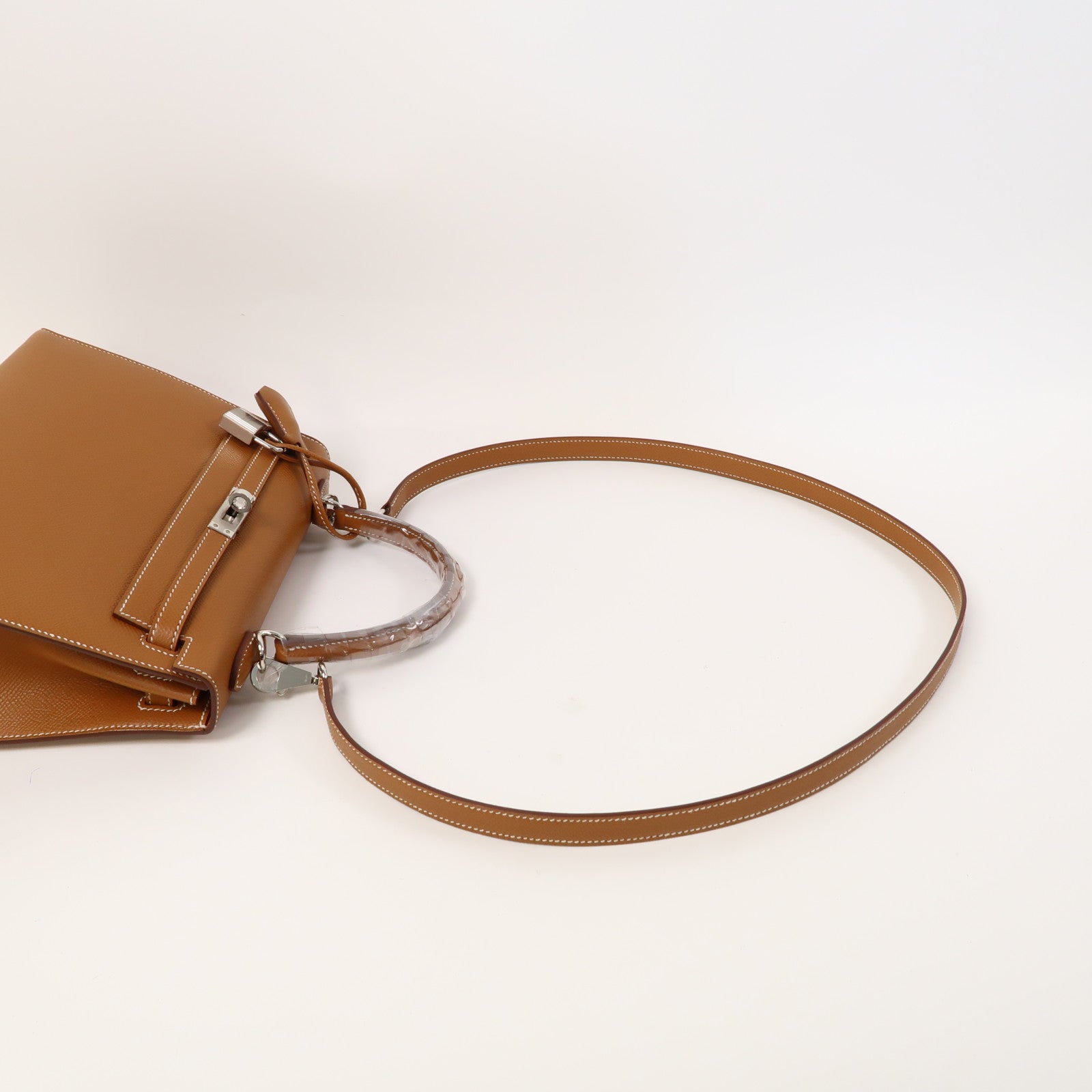 HERMES 【激減優惠】Epsom皮革Kelly 25銀扣手挽肩背兩用袋經典駝色