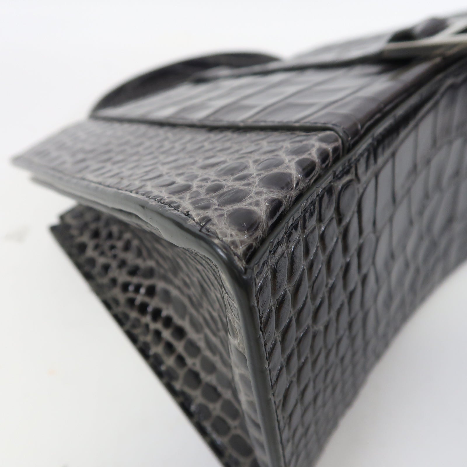 BALENCIAGA 牛皮皮革Hourglass Bag銀扣手挽肩背兩用袋灰色