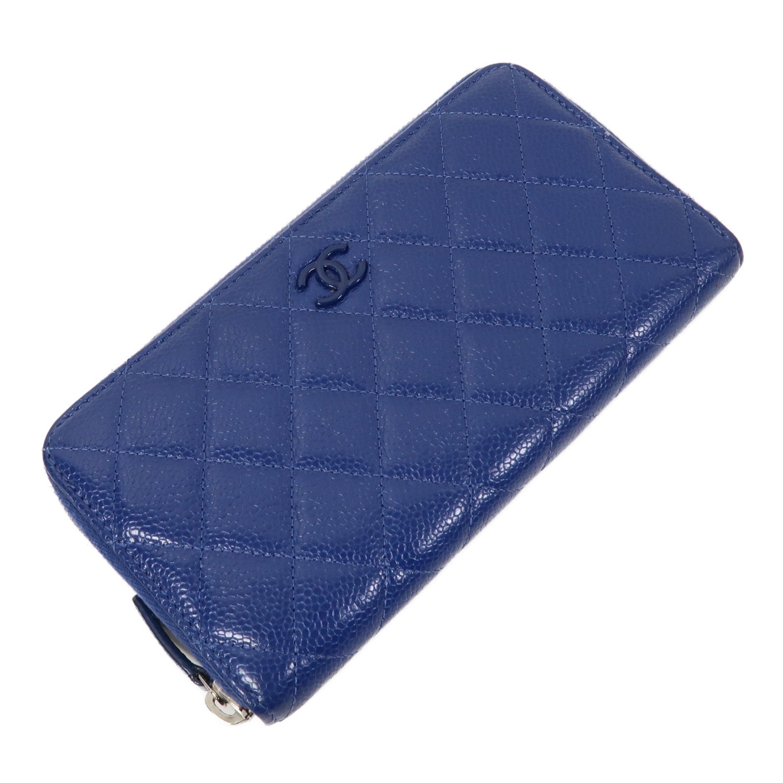 CHANEL 菱格牛皮皮革Long Wallet金扣長錢包藍色