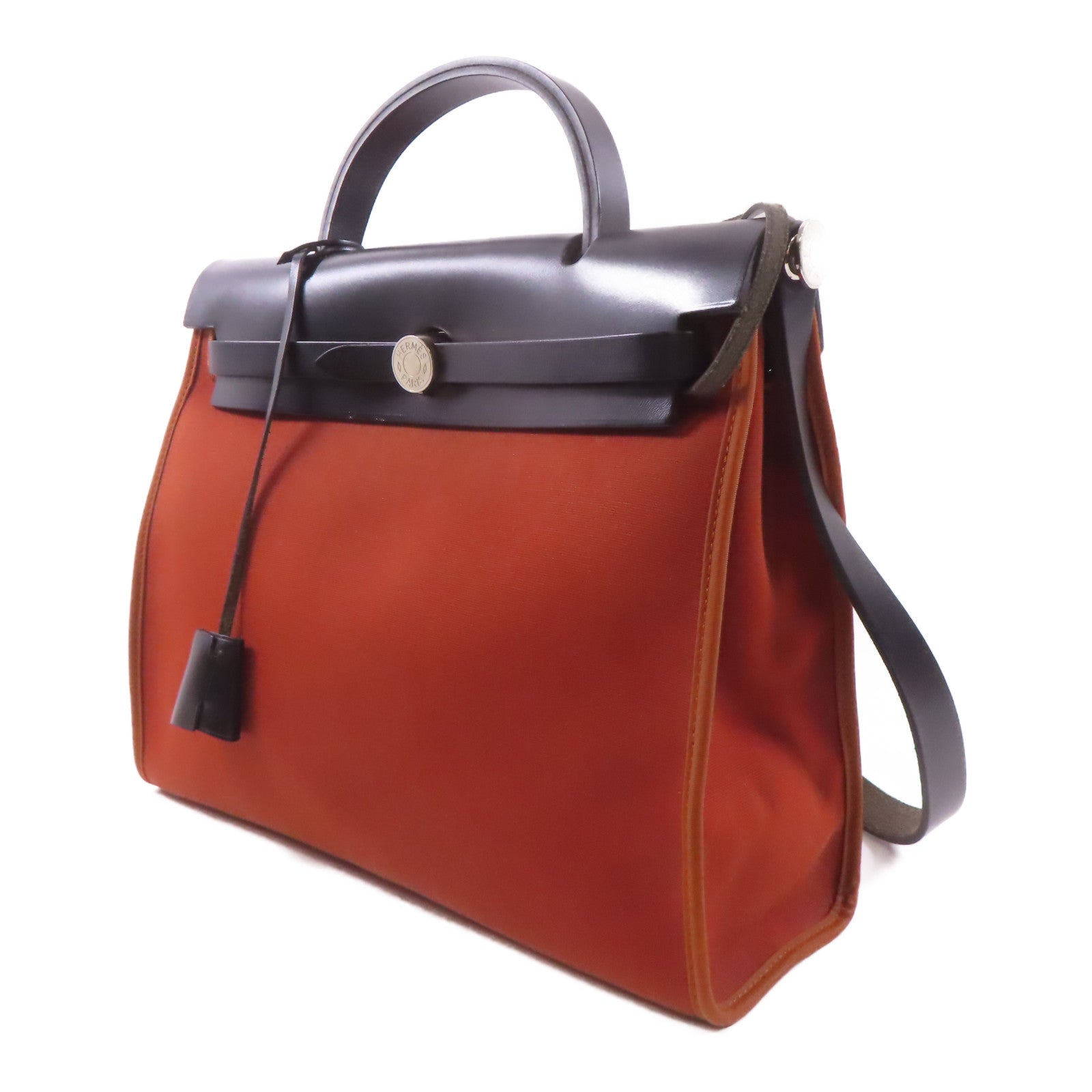 HERMES 帆布Herbag PM銀扣手挽肩背兩用袋Brique/橙色