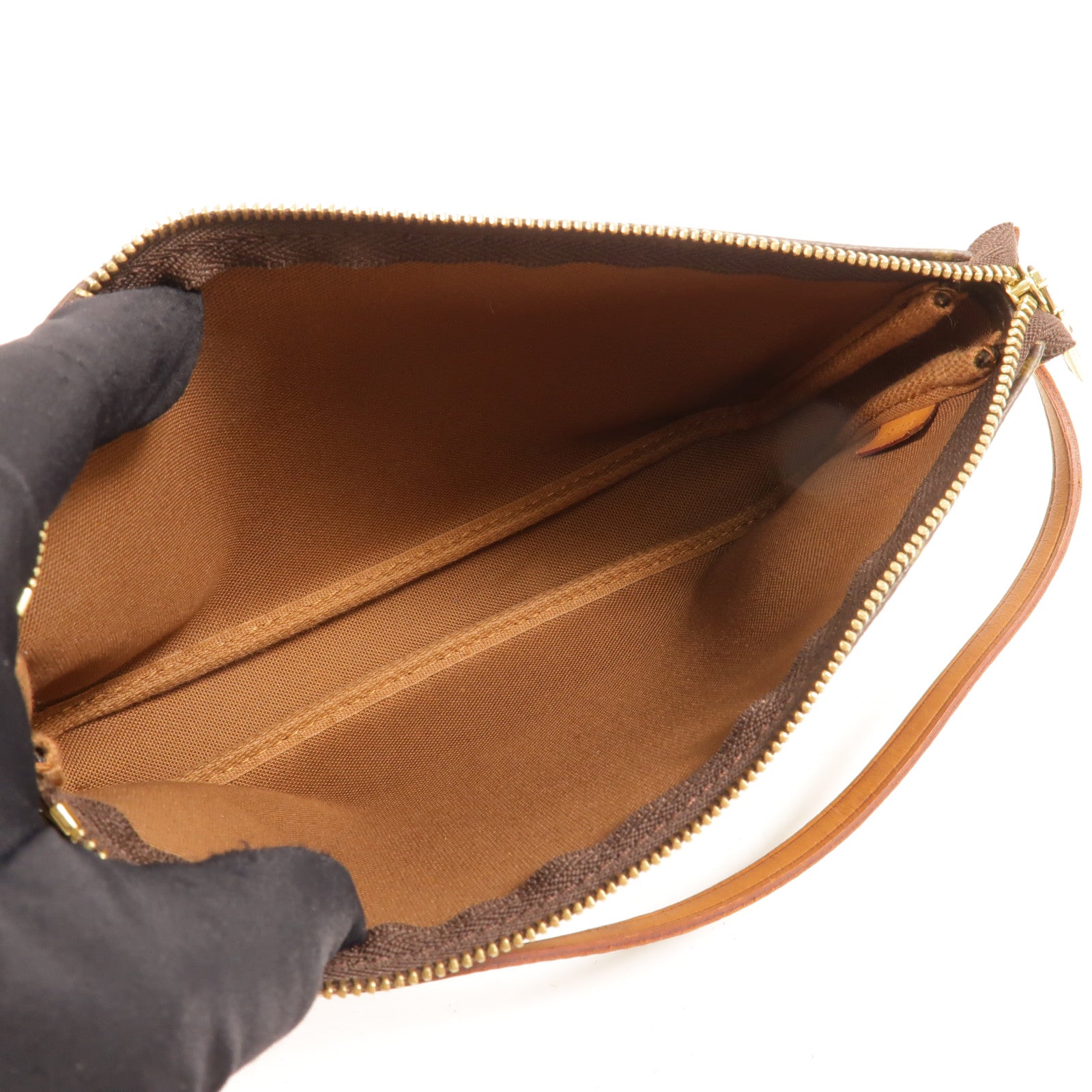LOUIS VUITTON Monogram Pochette Accessoires金扣手挽袋棕色