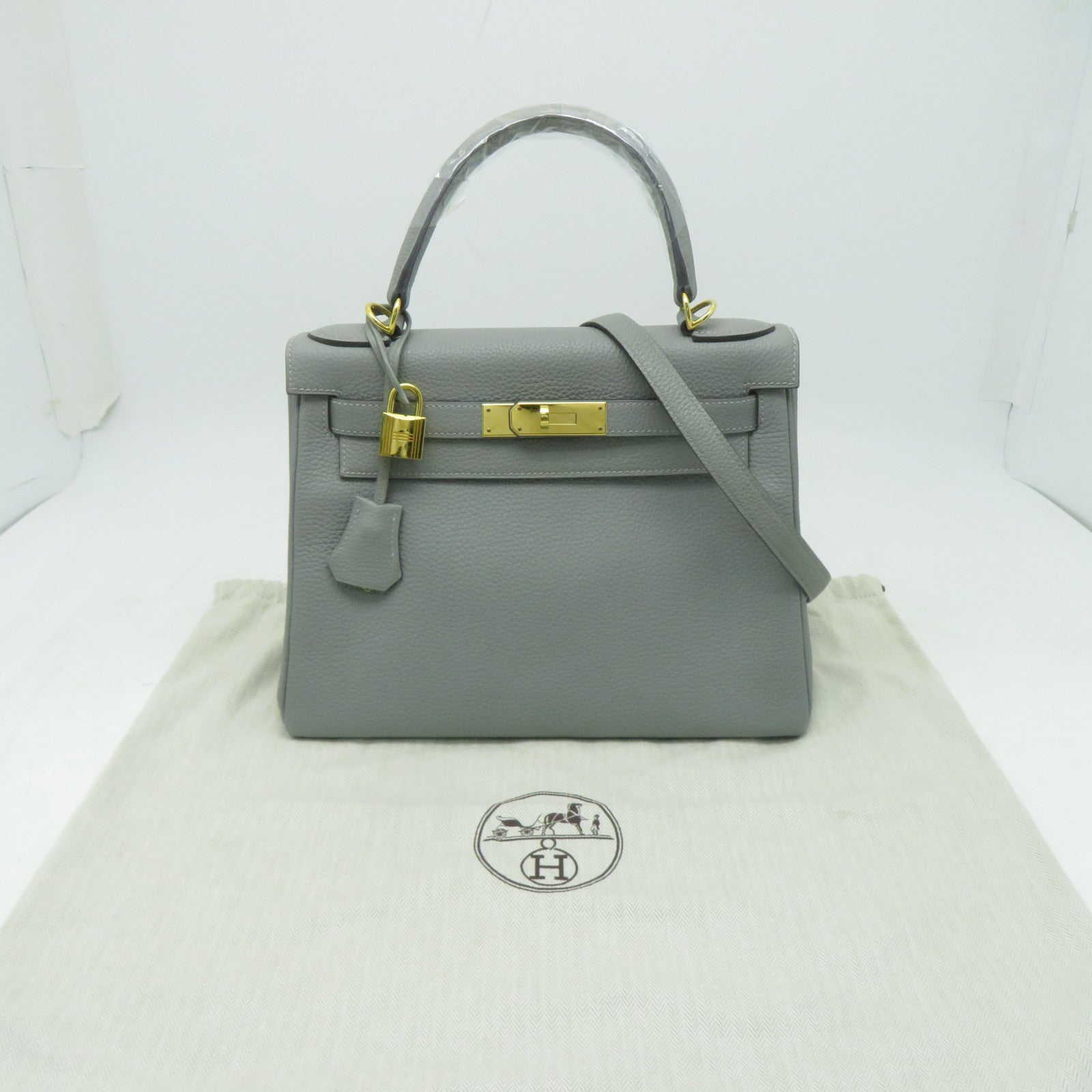 HERMES Togo皮革Kelly 28金扣手挽肩背兩用袋海鷗灰色