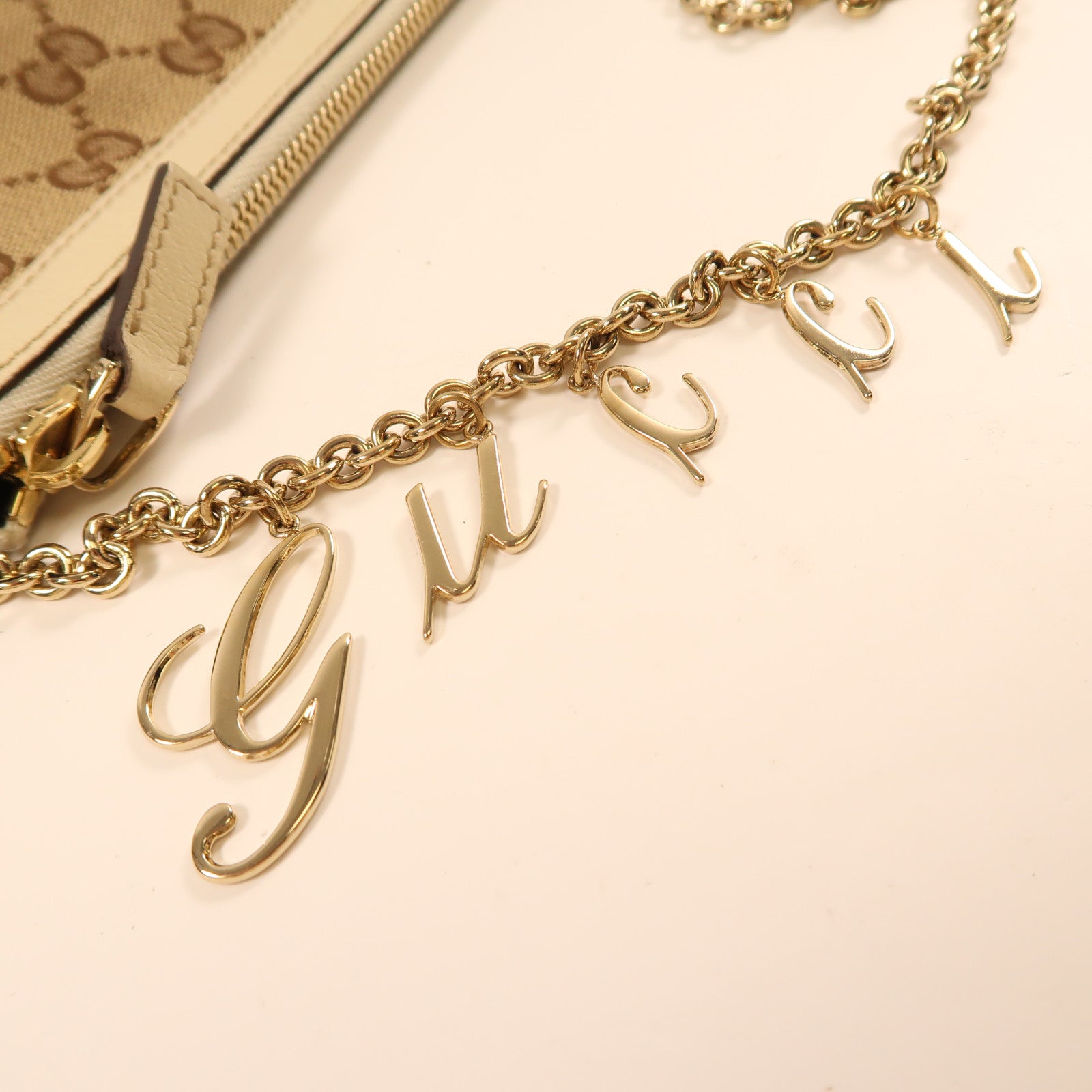 GUCCI 帆布Chain Shoulder金扣鏈帶肩背袋米色