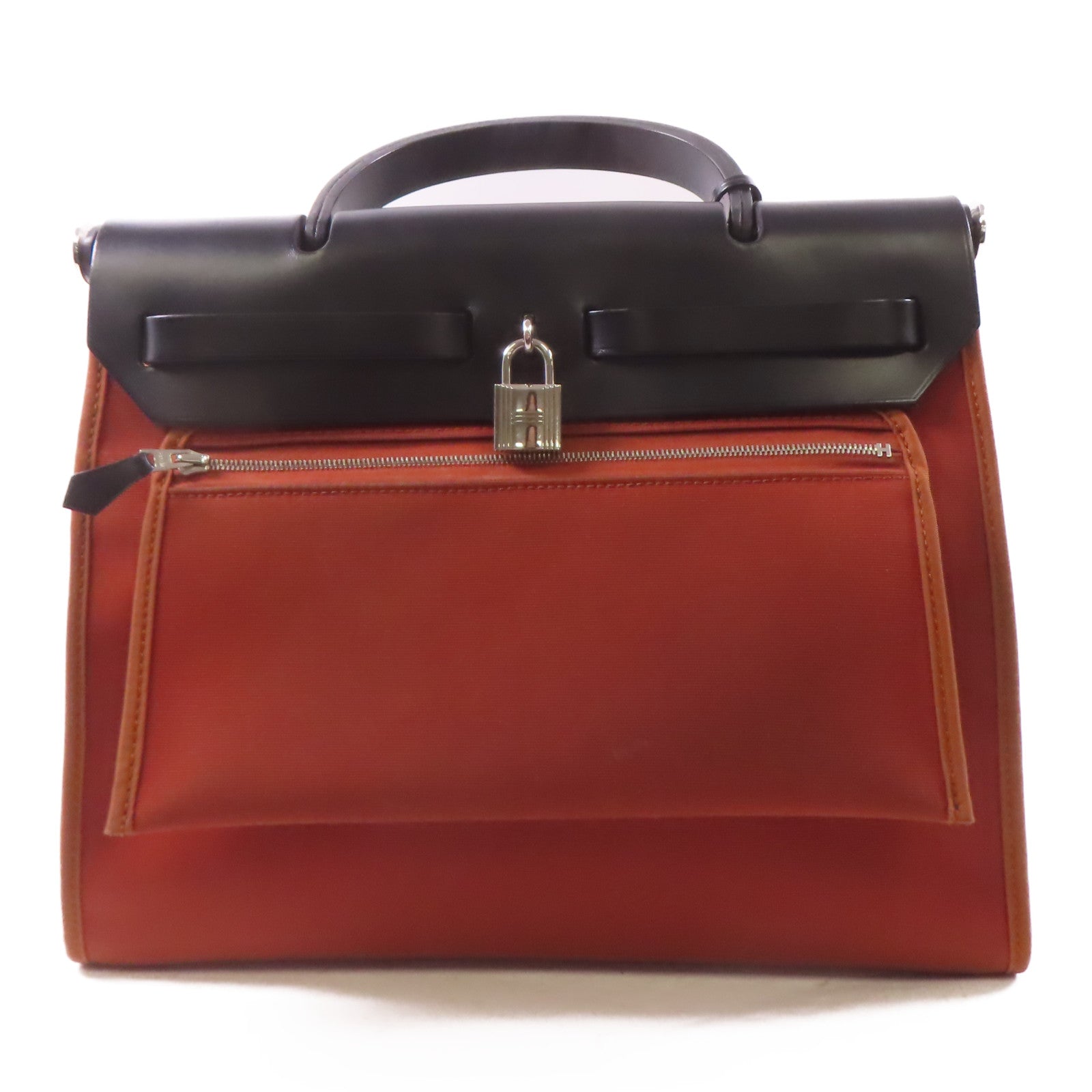 HERMES 帆布Herbag PM銀扣手挽肩背兩用袋Brique/橙色