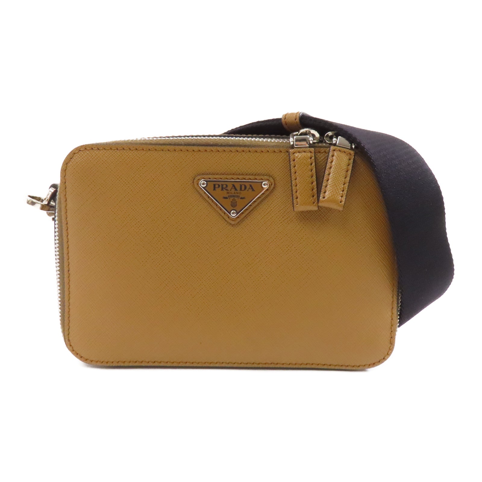 PRADA 牛皮皮革Shoulder Bag銀扣肩背袋啡色/黑色