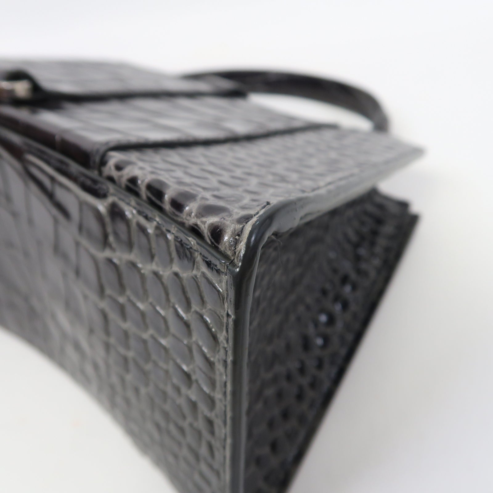 BALENCIAGA 牛皮皮革Hourglass Bag銀扣手挽肩背兩用袋灰色