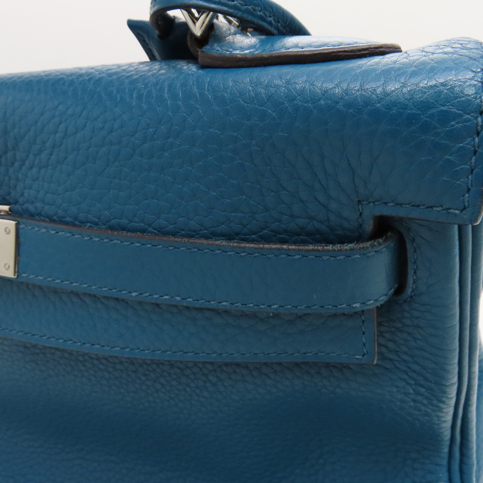 HERMES Clemence Leather Kelly32 Silver Buckle Handle Shoulder Backpack Bleu de Galice/Dark Blue