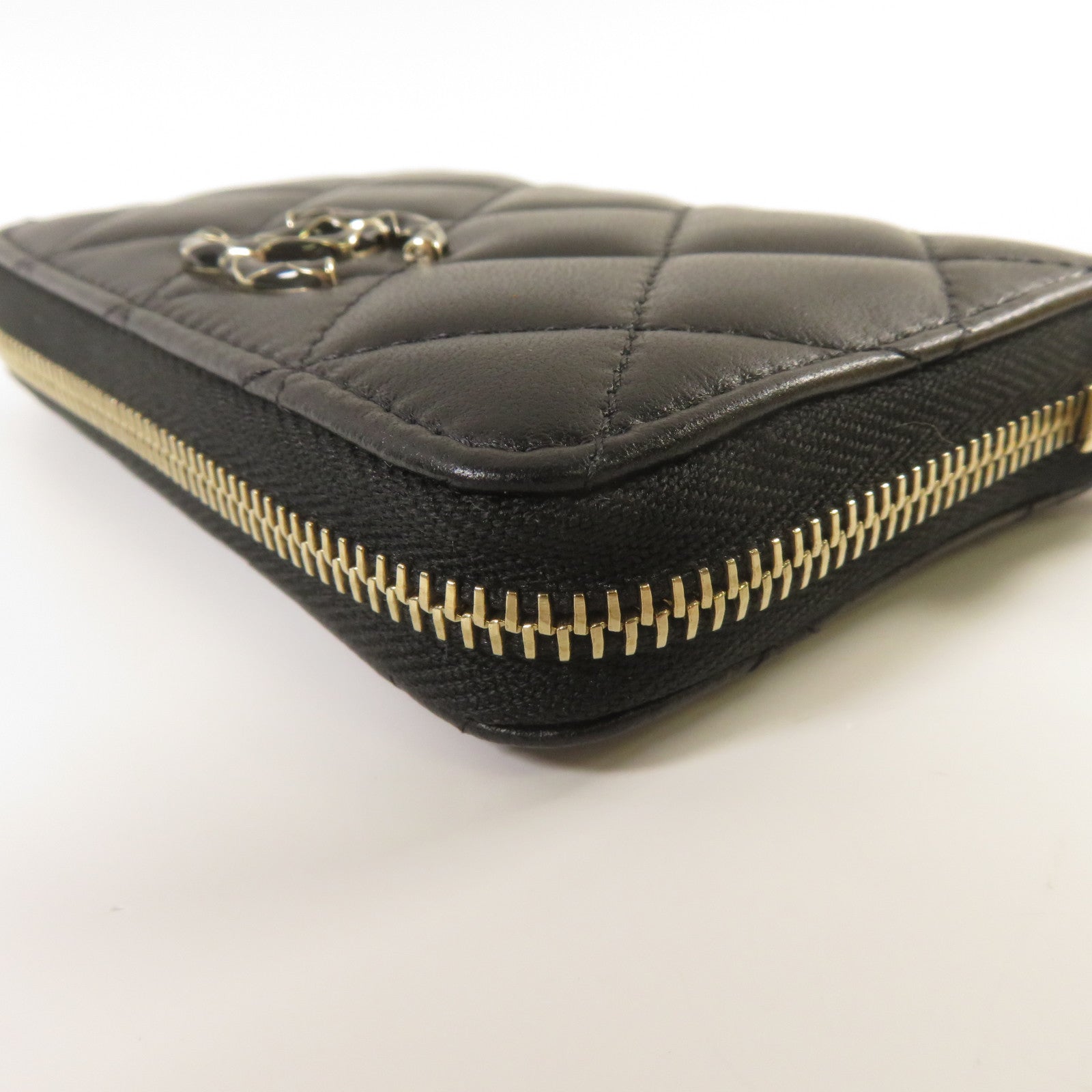 CHANEL 菱格羊皮皮革Zipper Wallet金扣錢包黑色