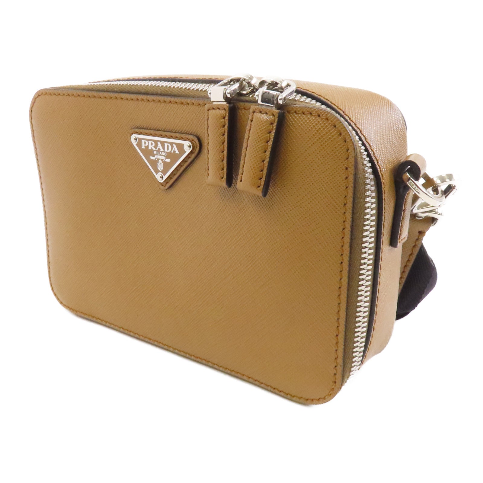 PRADA 牛皮皮革Shoulder Bag銀扣肩背袋啡色/黑色