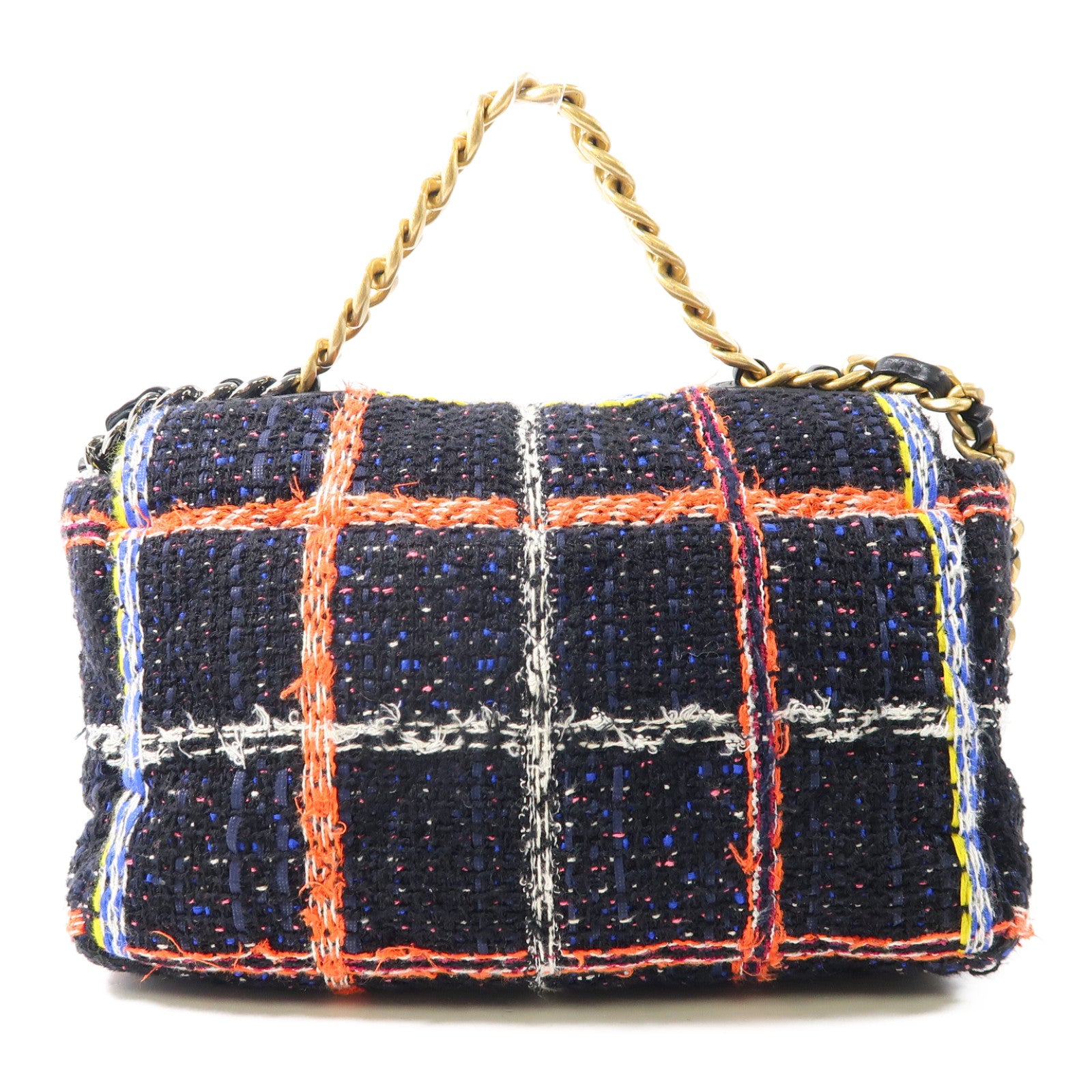 CHANEL 斜紋軟呢Chanel 19 small金扣手挽肩背兩用袋深藍色/橙色/黃色