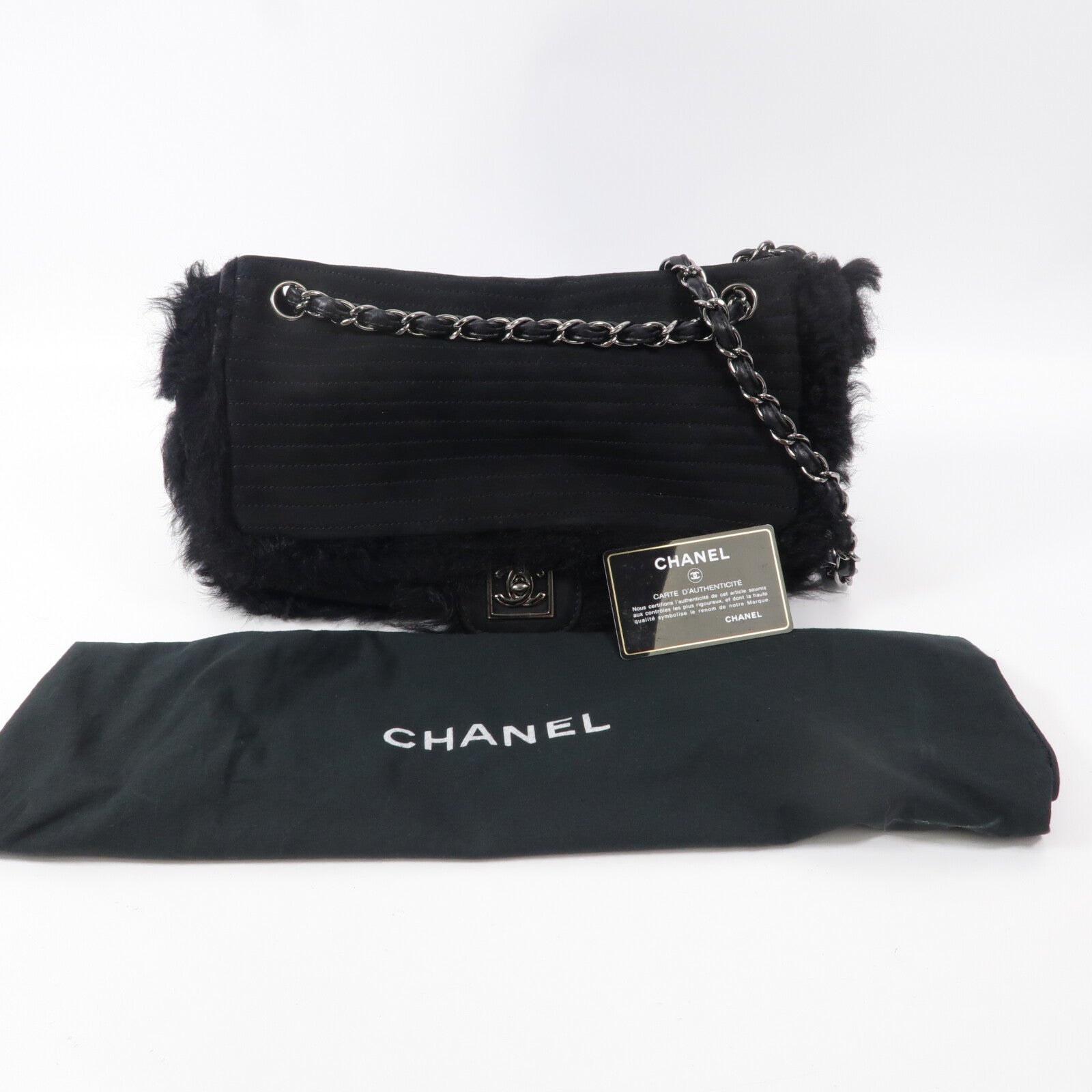 CHANEL 麂皮皮革/羊毛Chain Shoulder鏈帶肩背袋