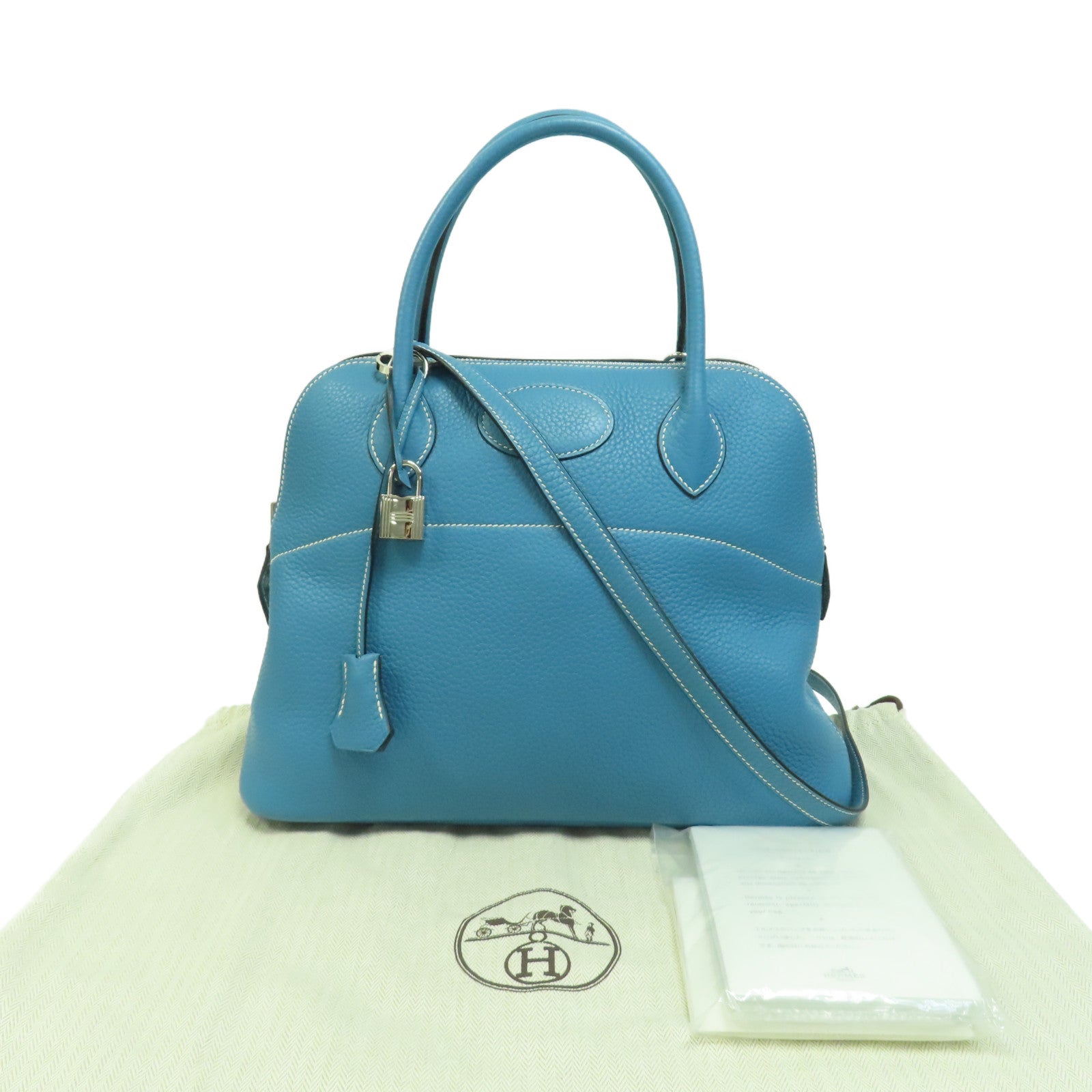 HERMES Clemence皮革Bolide 31銀扣手挽肩背兩用袋Bleu Jean/藍色
