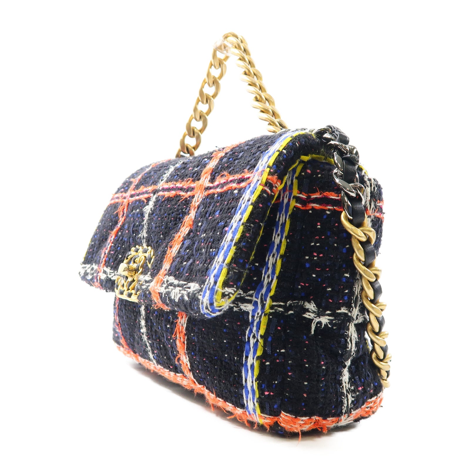 CHANEL 斜紋軟呢Chanel 19 small金扣手挽肩背兩用袋深藍色/橙色/黃色