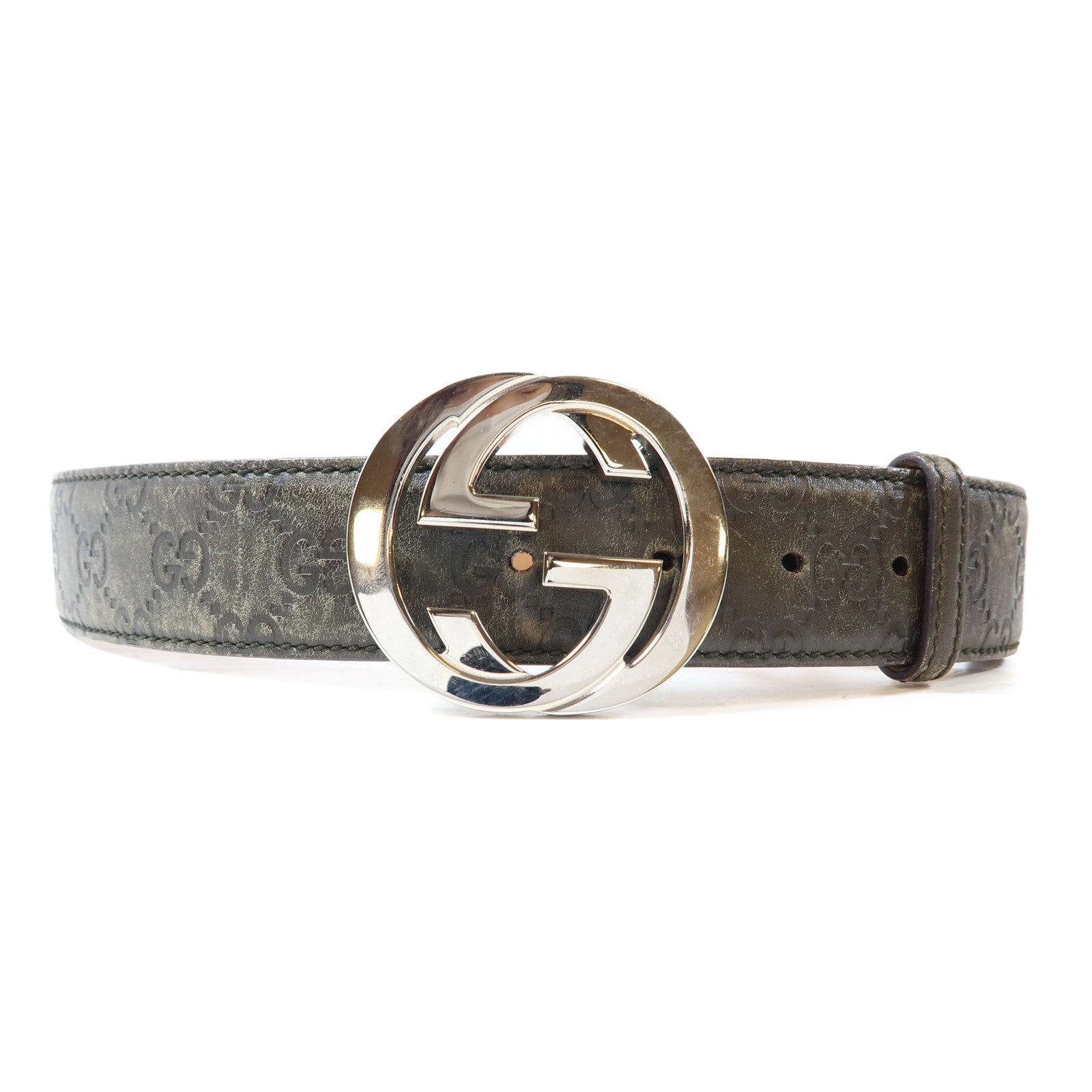 GUCCI 牛皮皮革Belt銀扣皮帶灰色