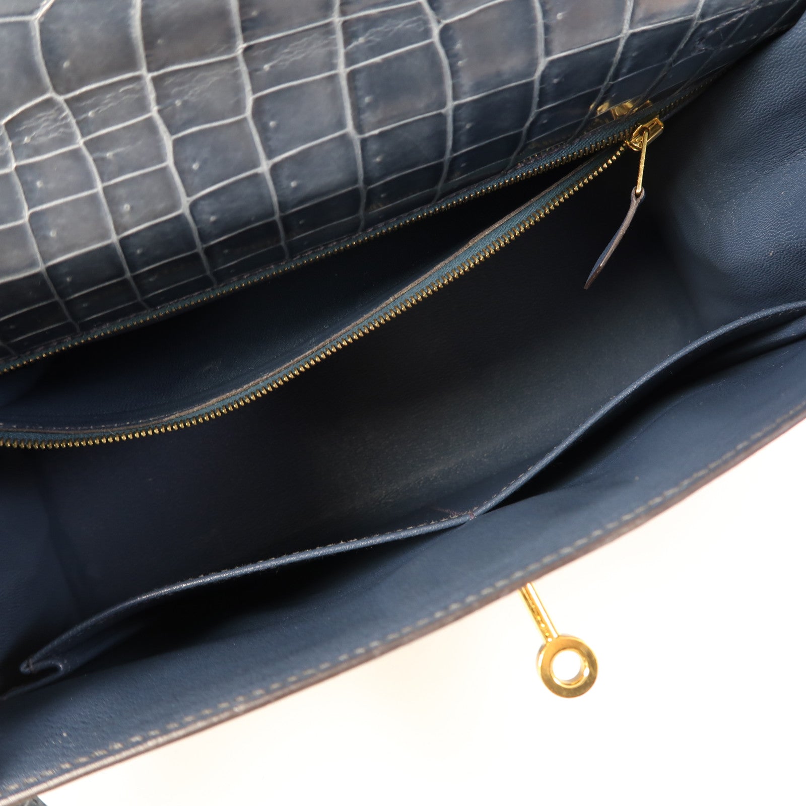 HERMES 鱷魚皮革Kelly 28金扣手挽肩背兩用袋風暴藍色