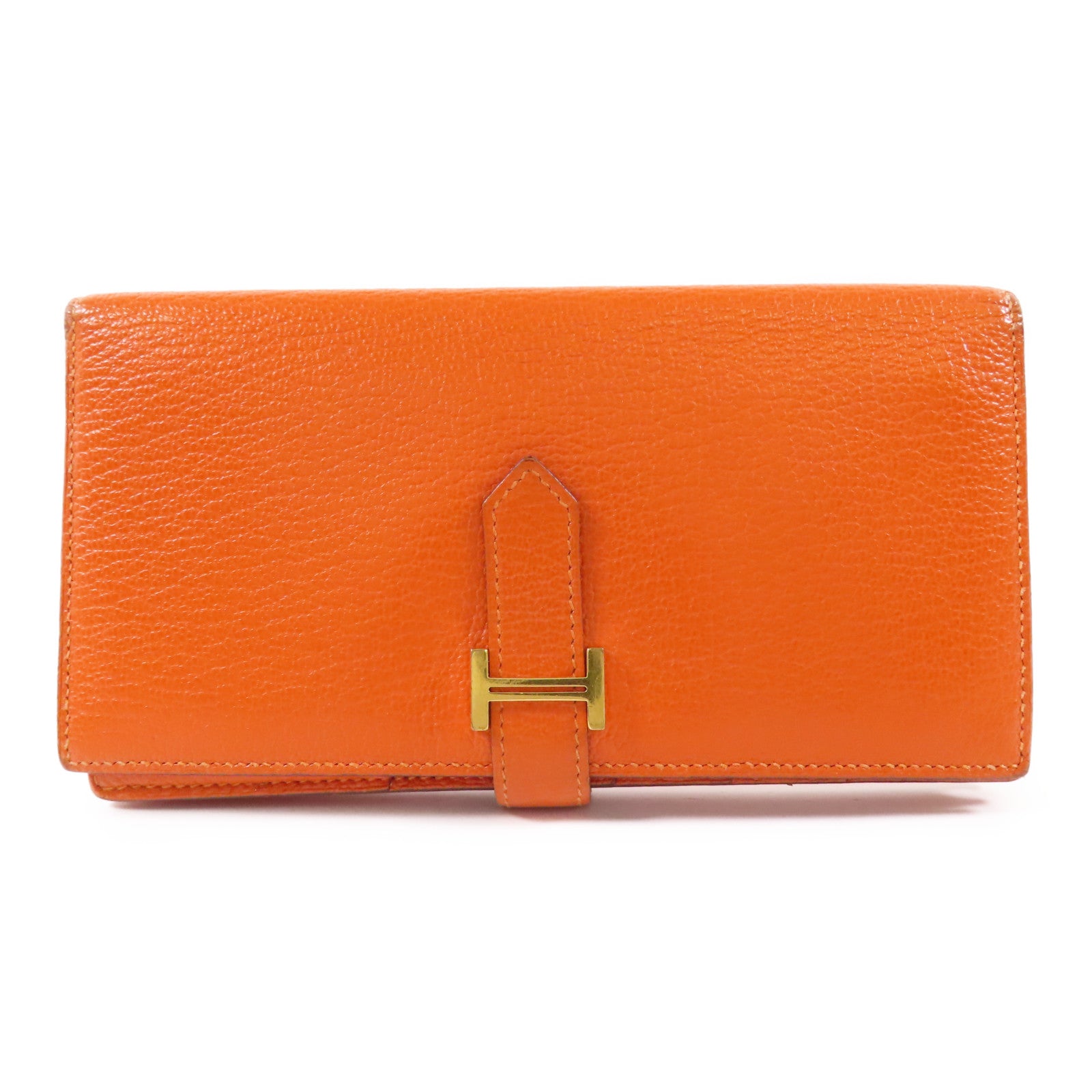 HERMES Chevre皮革Bearn金扣長錢包93 Orange