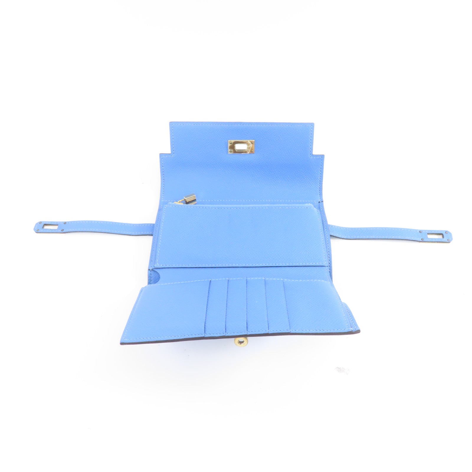 HERMES 【激減優惠】Epsom皮革Kelly Compact Wallet金扣錢包Blue Paradis/藍色