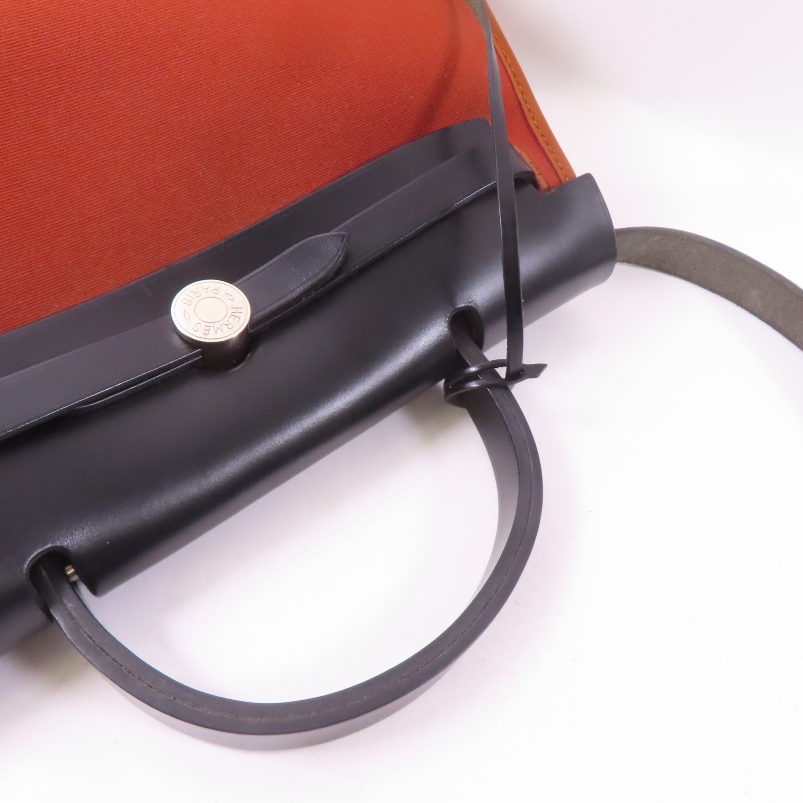 HERMES 帆布Herbag PM銀扣手挽肩背兩用袋Brique/橙色