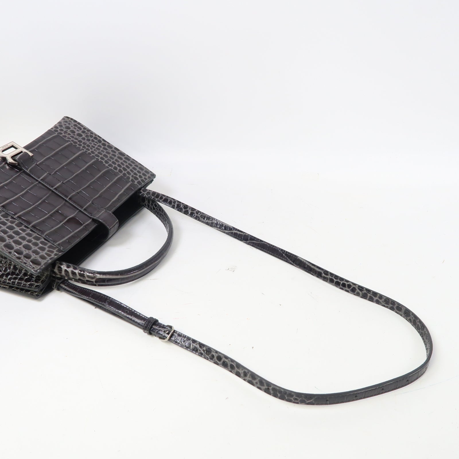 BALENCIAGA 牛皮皮革Hourglass Bag銀扣手挽肩背兩用袋灰色
